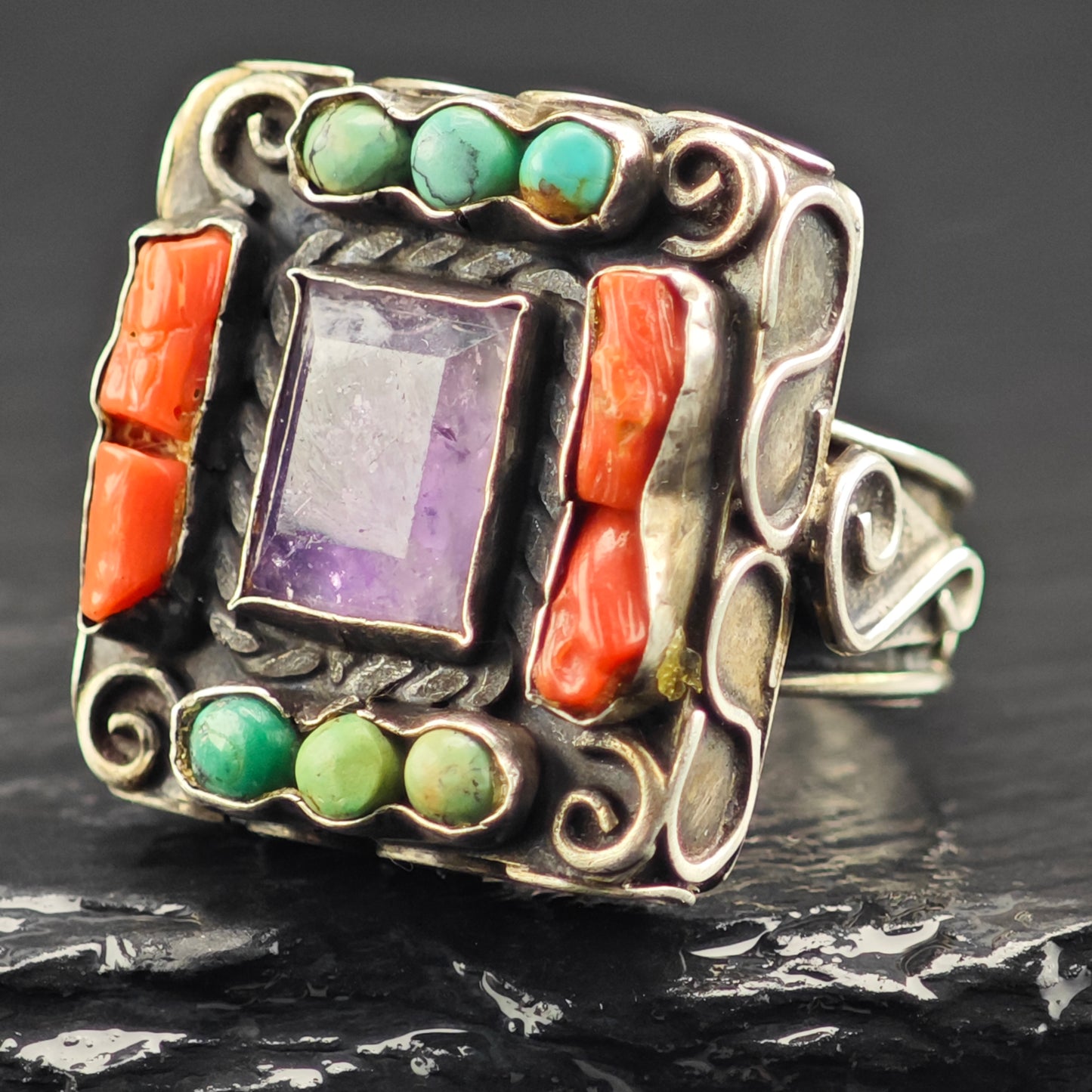 Taxco Amethyst Turquoise Ring Sterling Silver Sz 7 1/2 R6448