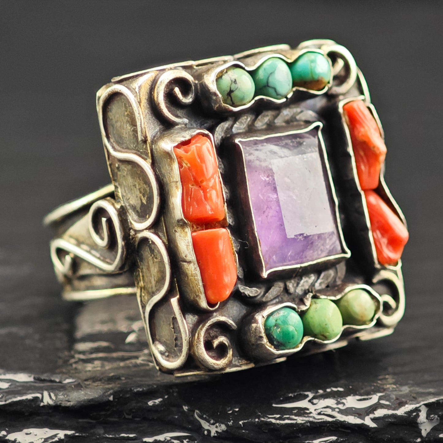 Taxco Amethyst Turquoise Ring Sterling Silver Sz 7 1/2 R6448
