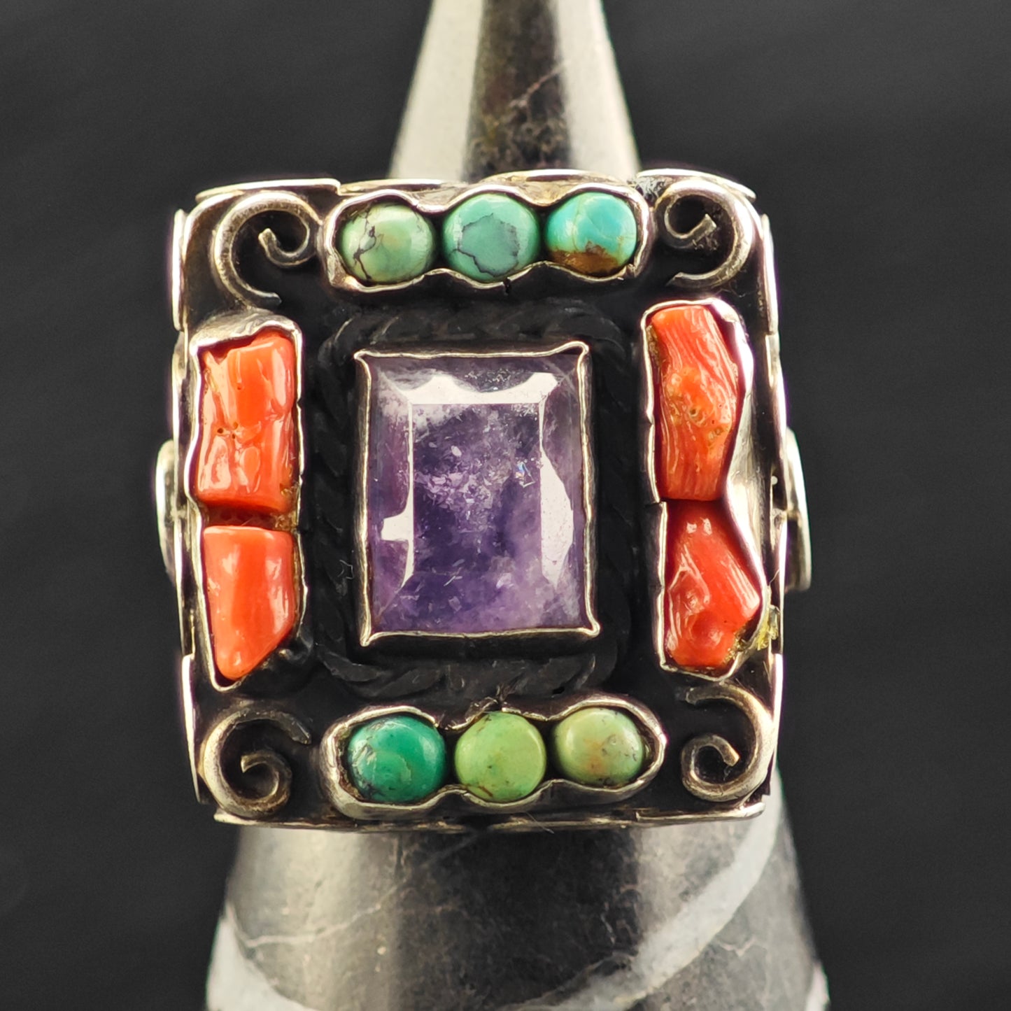 Taxco Amethyst Turquoise Ring Sterling Silver Sz 7 1/2 R6448