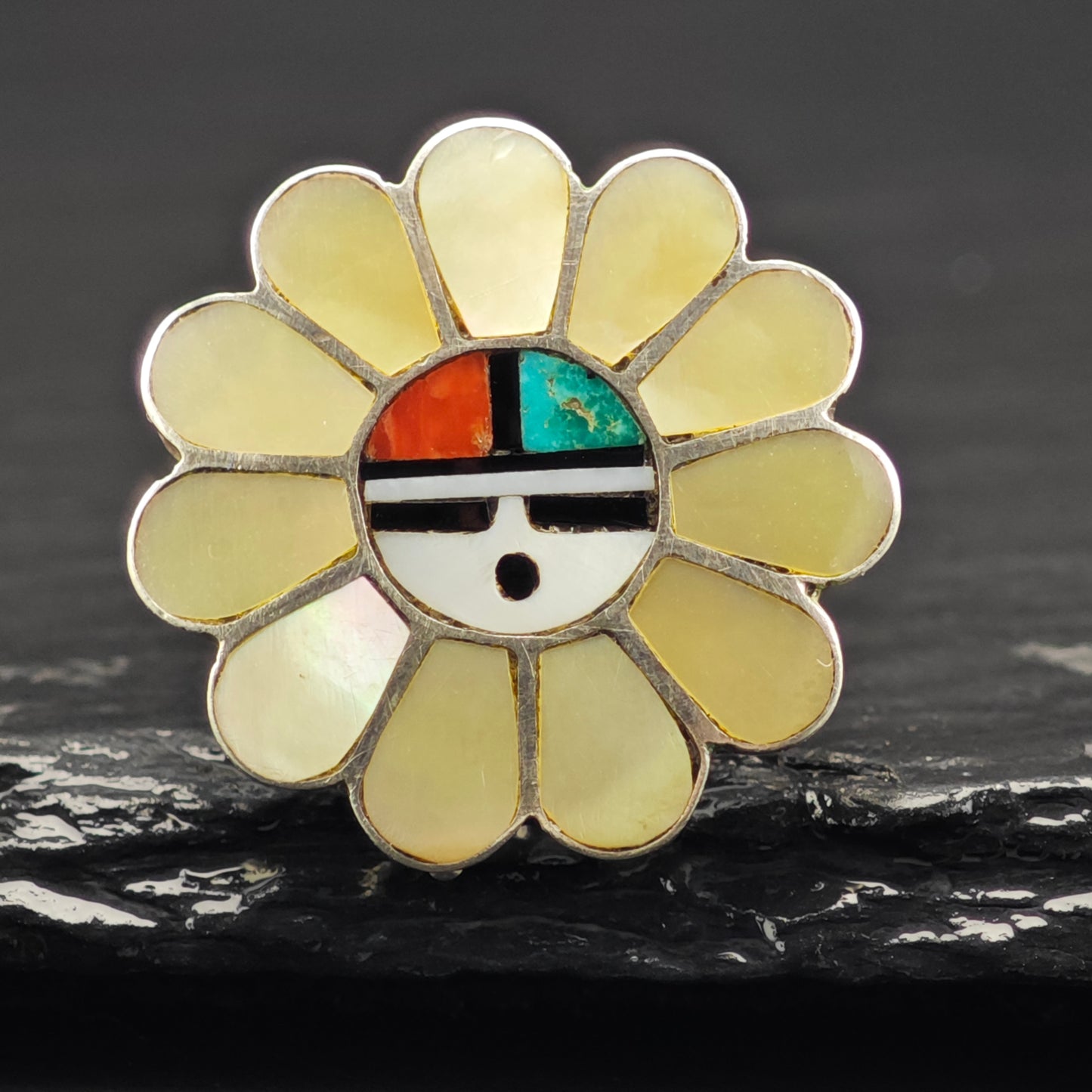 Zuni Sunface Inlay Ring Sterling Silver Sz 6 R6451