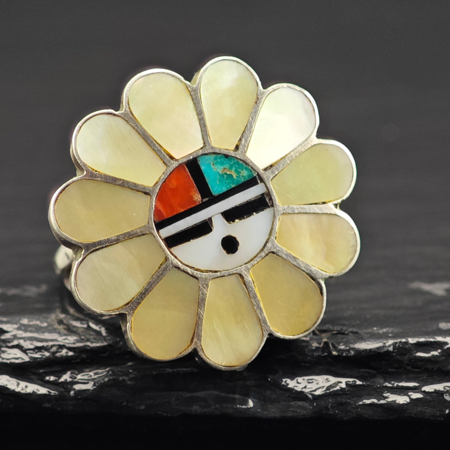 Zuni Sunface Inlay Ring Sterling Silver Sz 6 R6451