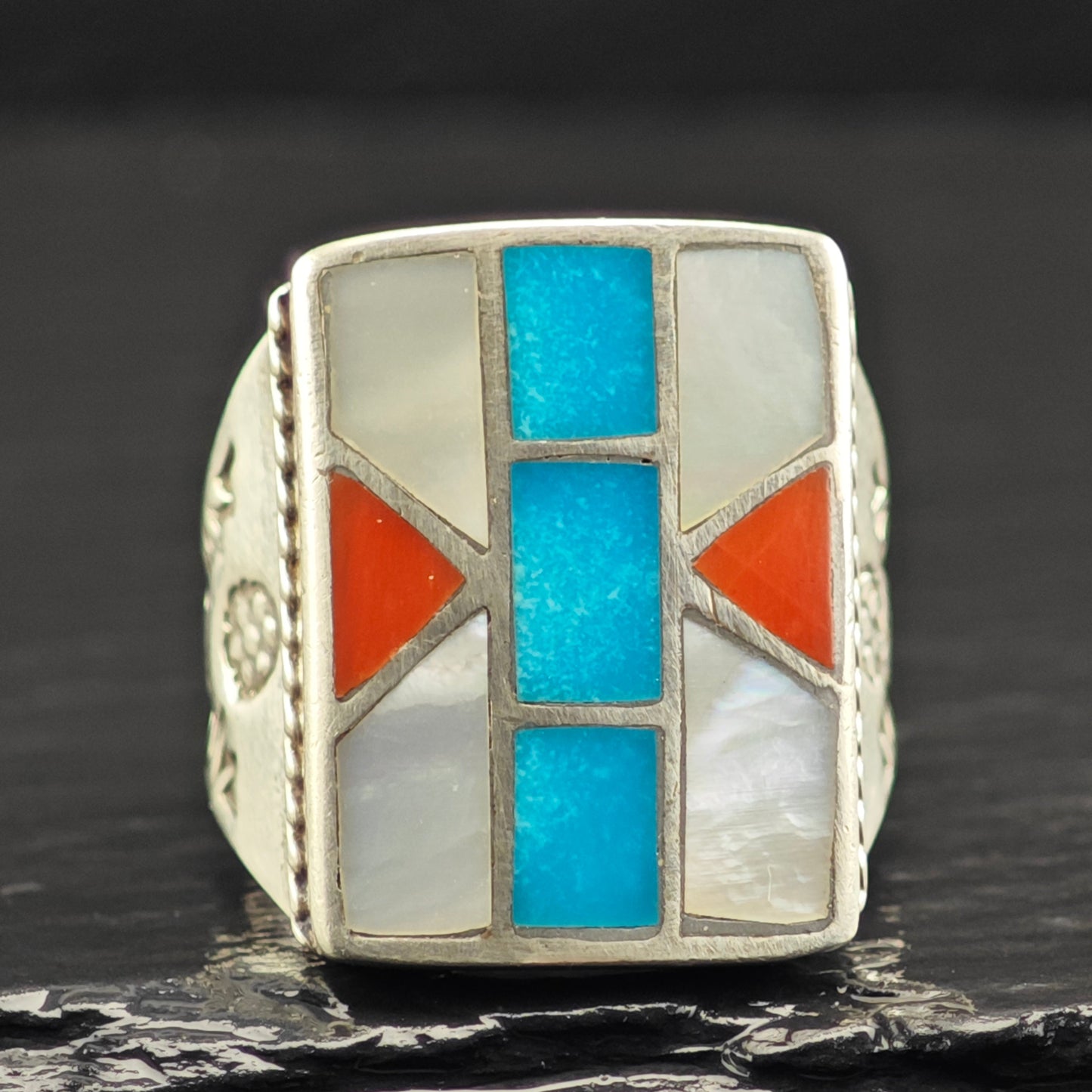 Native American Inlay Ring Sterling Silver Sz 10 1/2 R6452