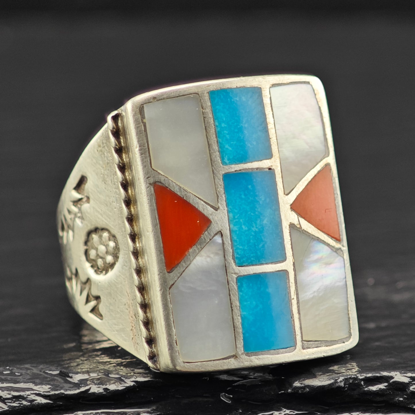 Native American Inlay Ring Sterling Silver Sz 10 1/2 R6452