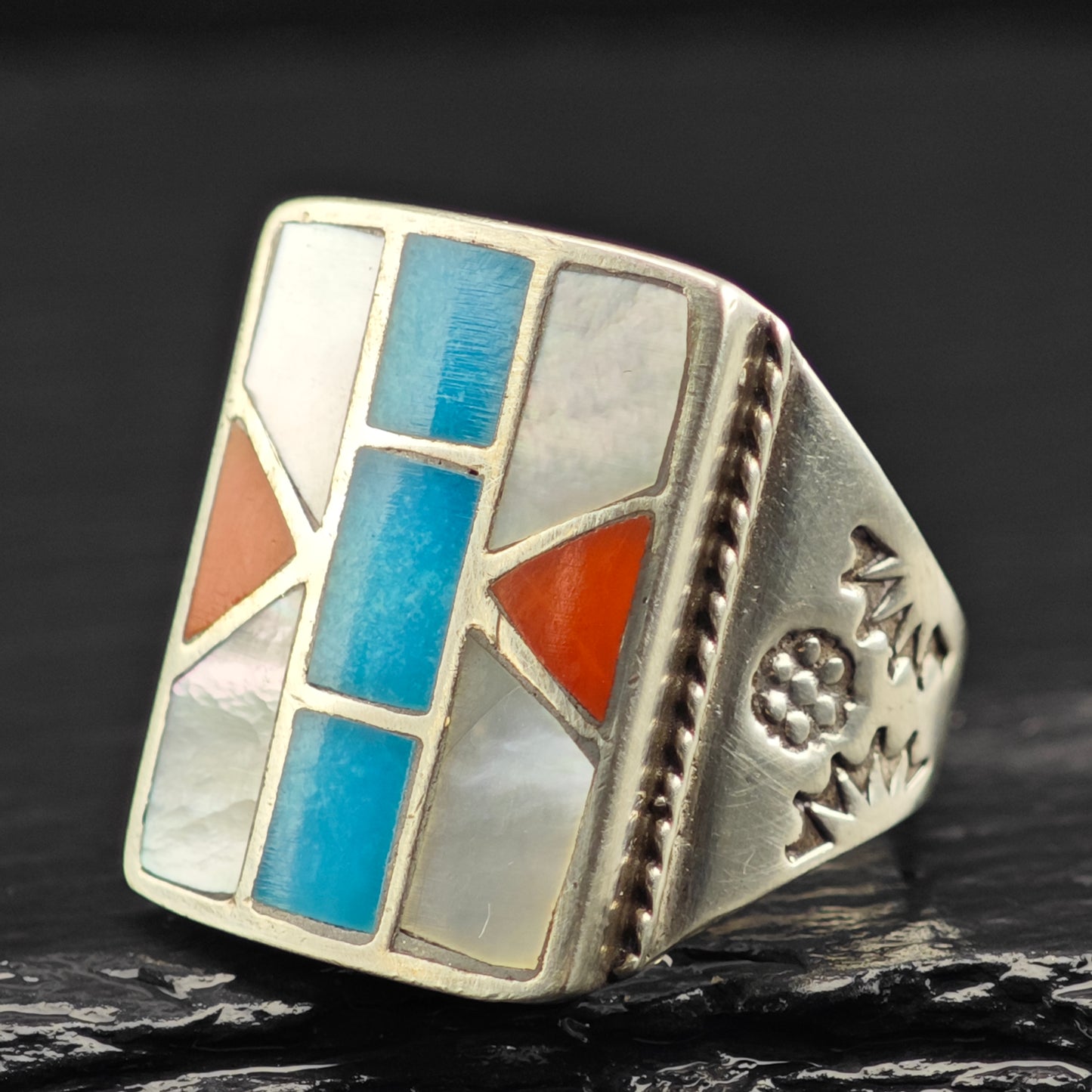 Native American Inlay Ring Sterling Silver Sz 10 1/2 R6452