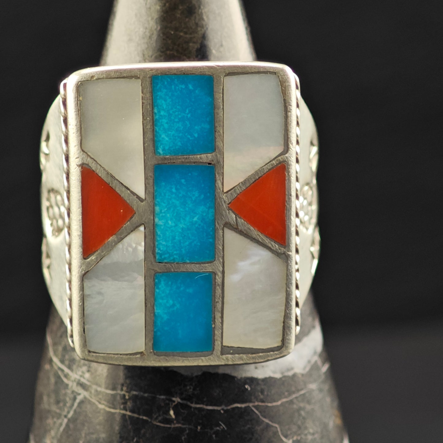 Native American Inlay Ring Sterling Silver Sz 10 1/2 R6452