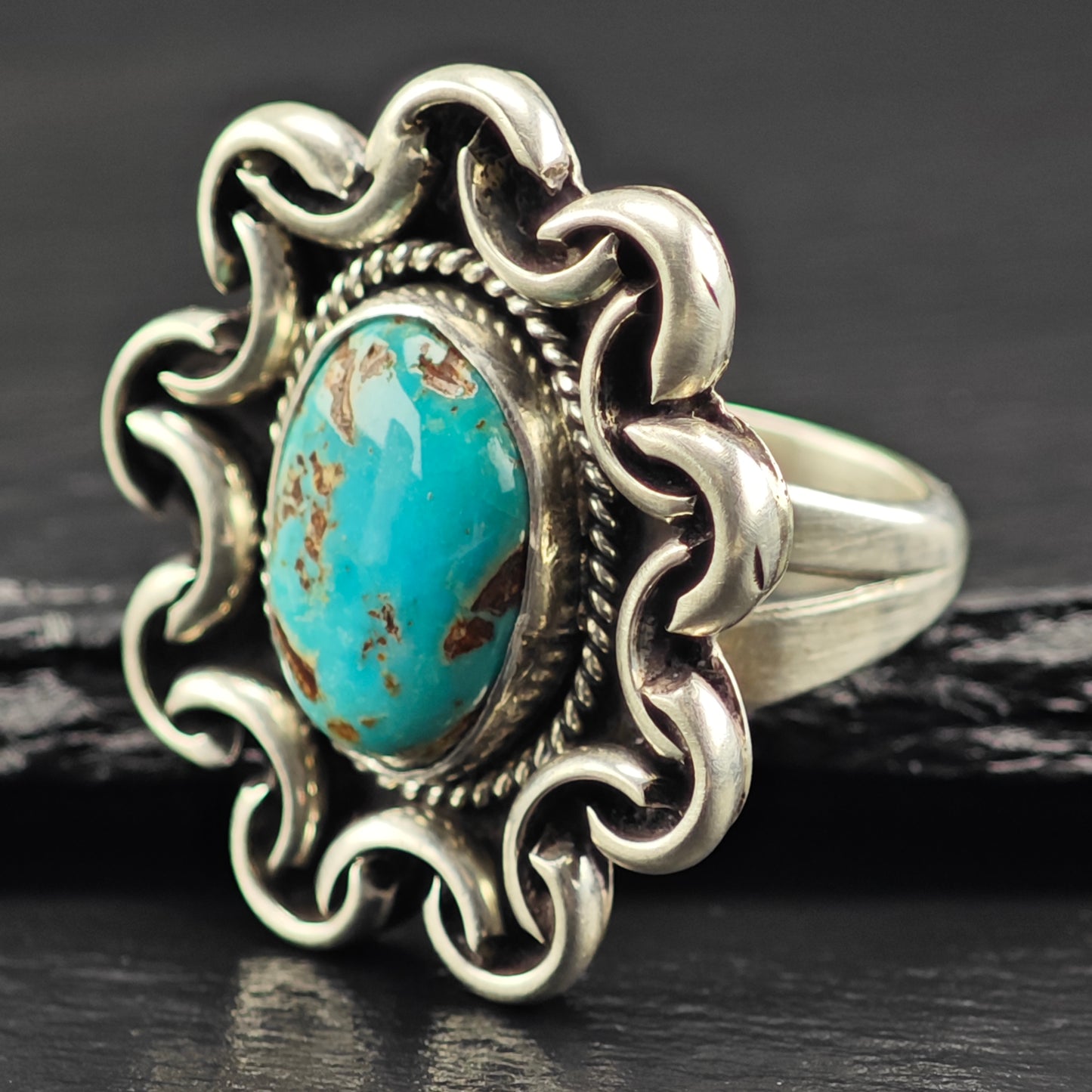 Native American Oval Turquoise Ring Sterling Silver Sz 7 R6453
