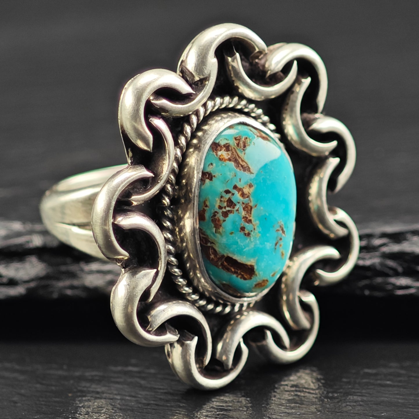 Native American Oval Turquoise Ring Sterling Silver Sz 7 R6453