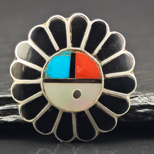 Zuni Jet Sunface Inlay Ring Sterling Silver Sz 6 R6454