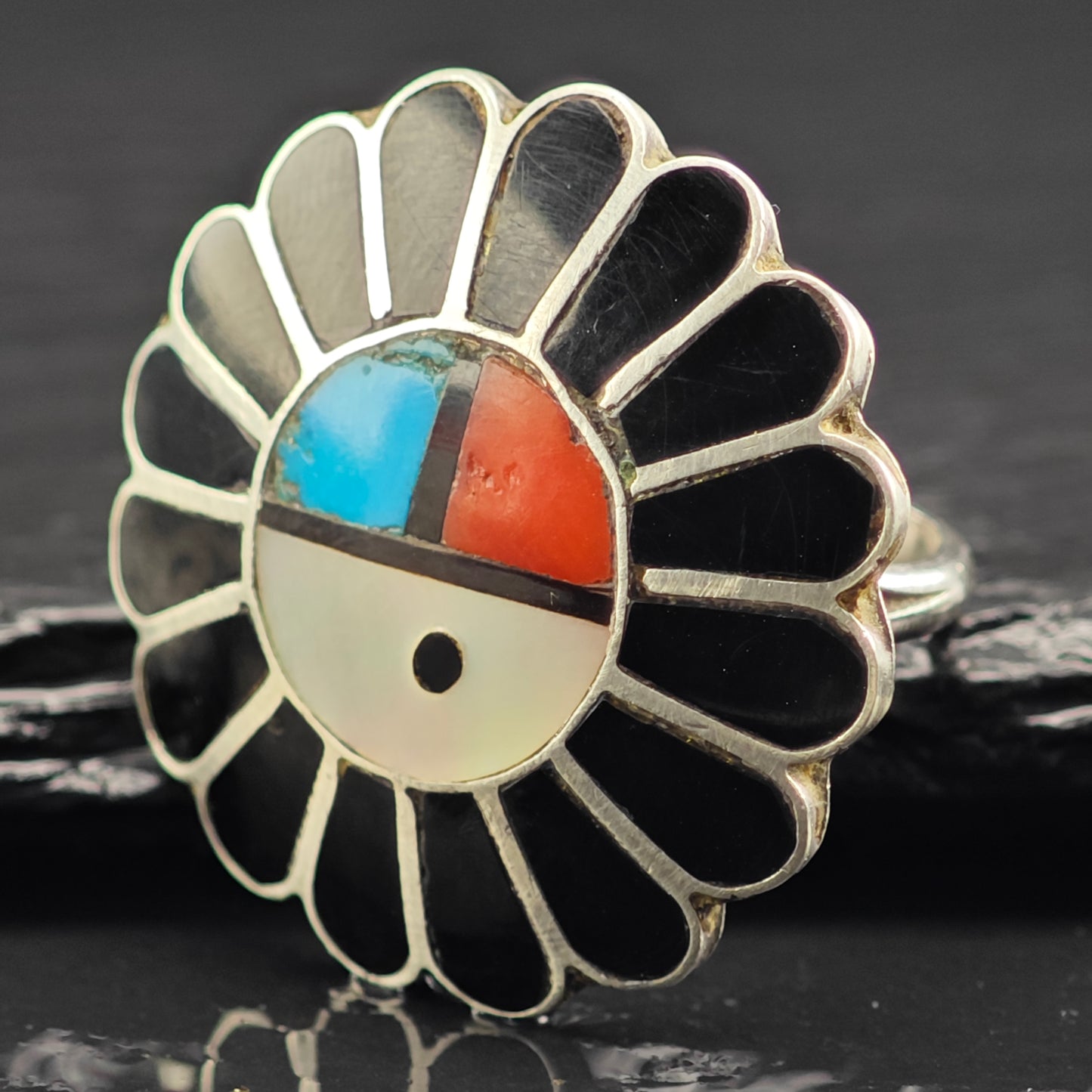 Zuni Jet Sunface Inlay Ring Sterling Silver Sz 6 R6454