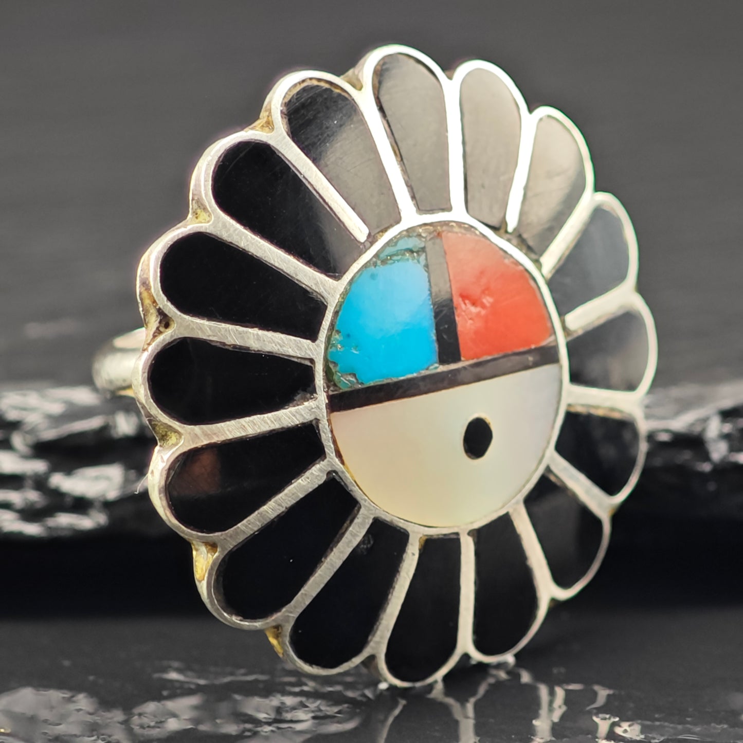 Zuni Jet Sunface Inlay Ring Sterling Silver Sz 6 R6454