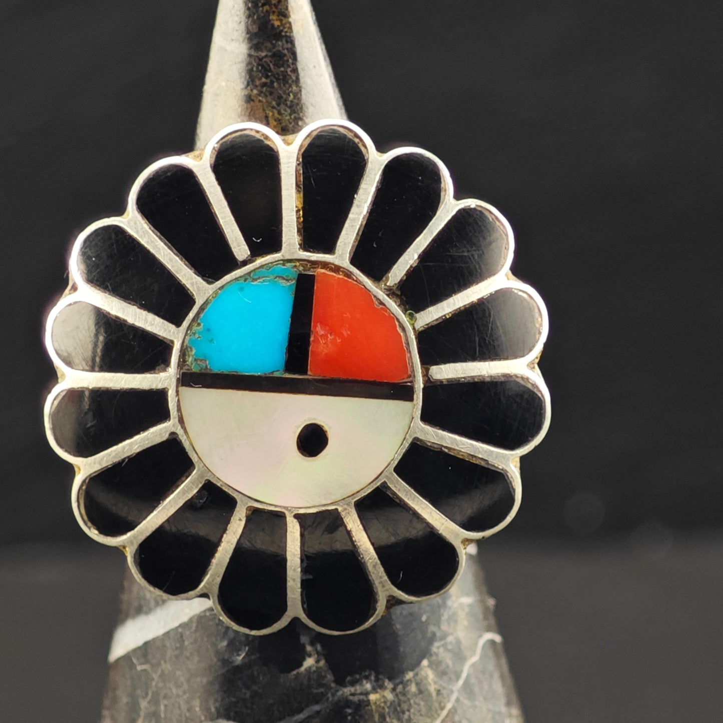 Zuni Jet Sunface Inlay Ring Sterling Silver Sz 6 R6454