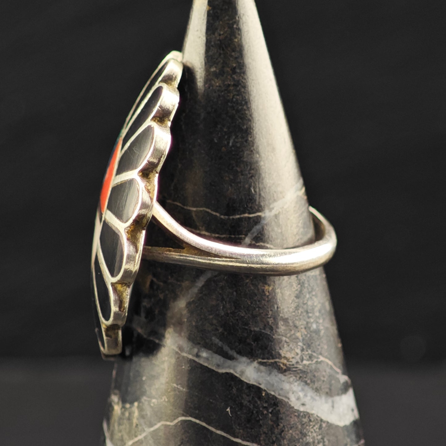 Zuni Jet Sunface Inlay Ring Sterling Silver Sz 6 R6454