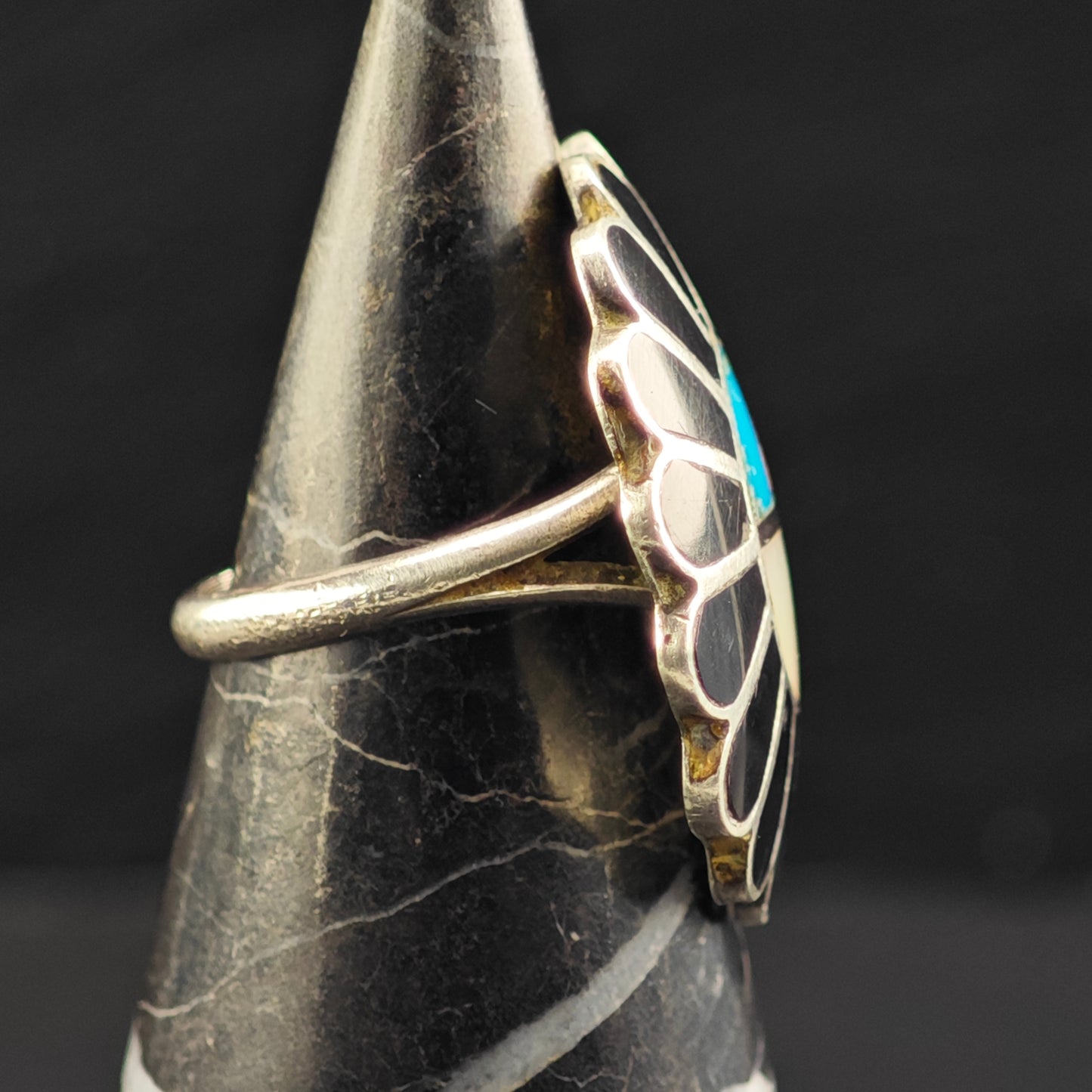 Zuni Jet Sunface Inlay Ring Sterling Silver Sz 6 R6454