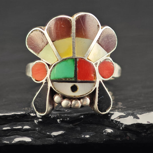Signed Zuni Sunface Inlay Ring Sterling Silver Sz 7 R6455