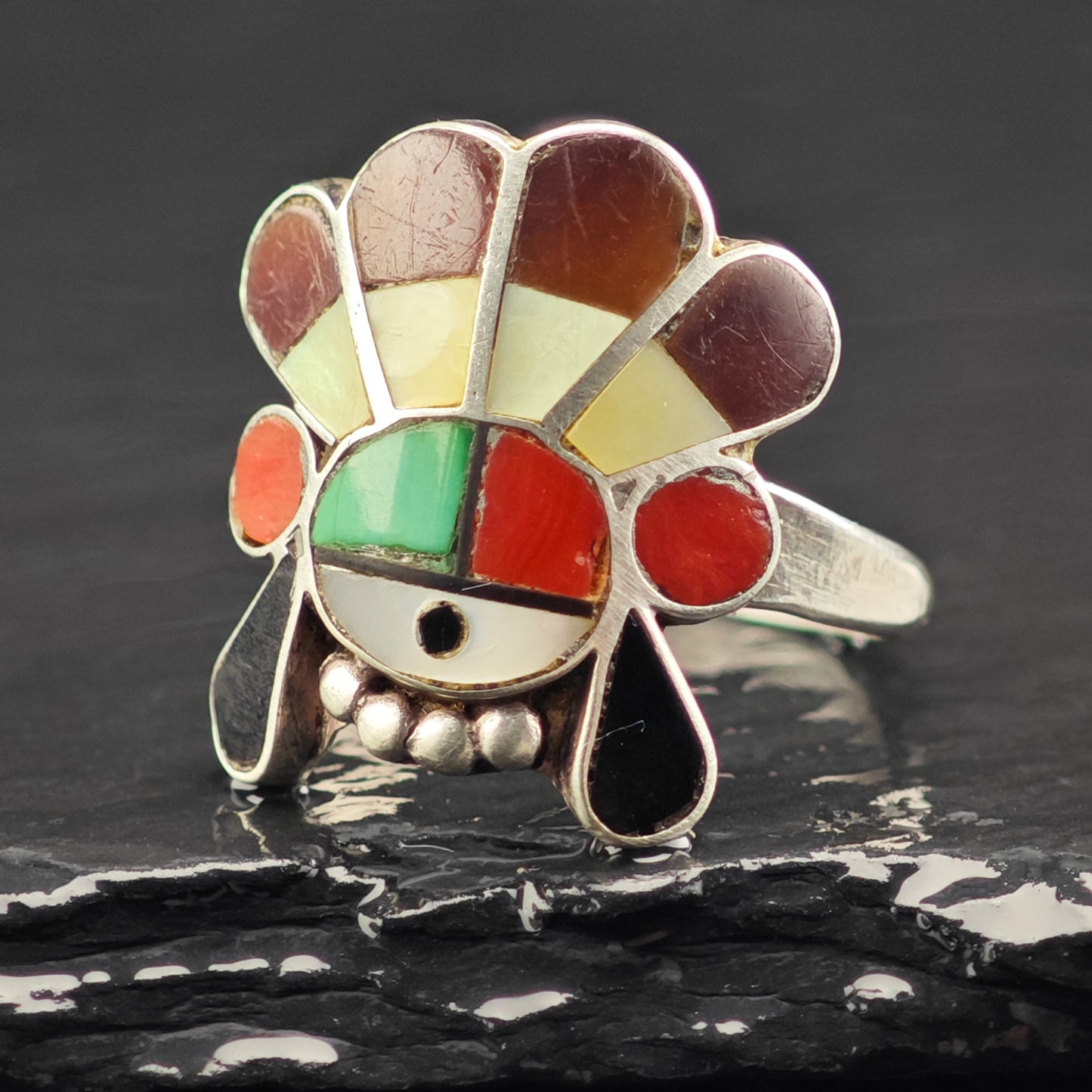 Signed Zuni Sunface Inlay Ring Sterling Silver Sz 7 R6455