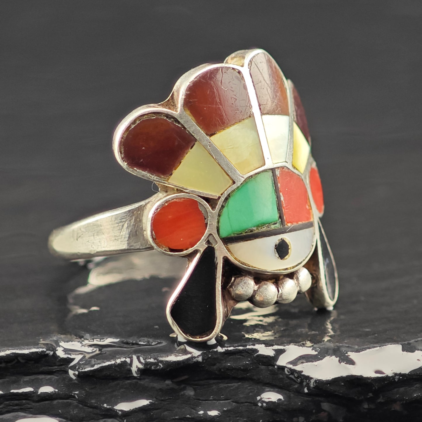 Signed Zuni Sunface Inlay Ring Sterling Silver Sz 7 R6455