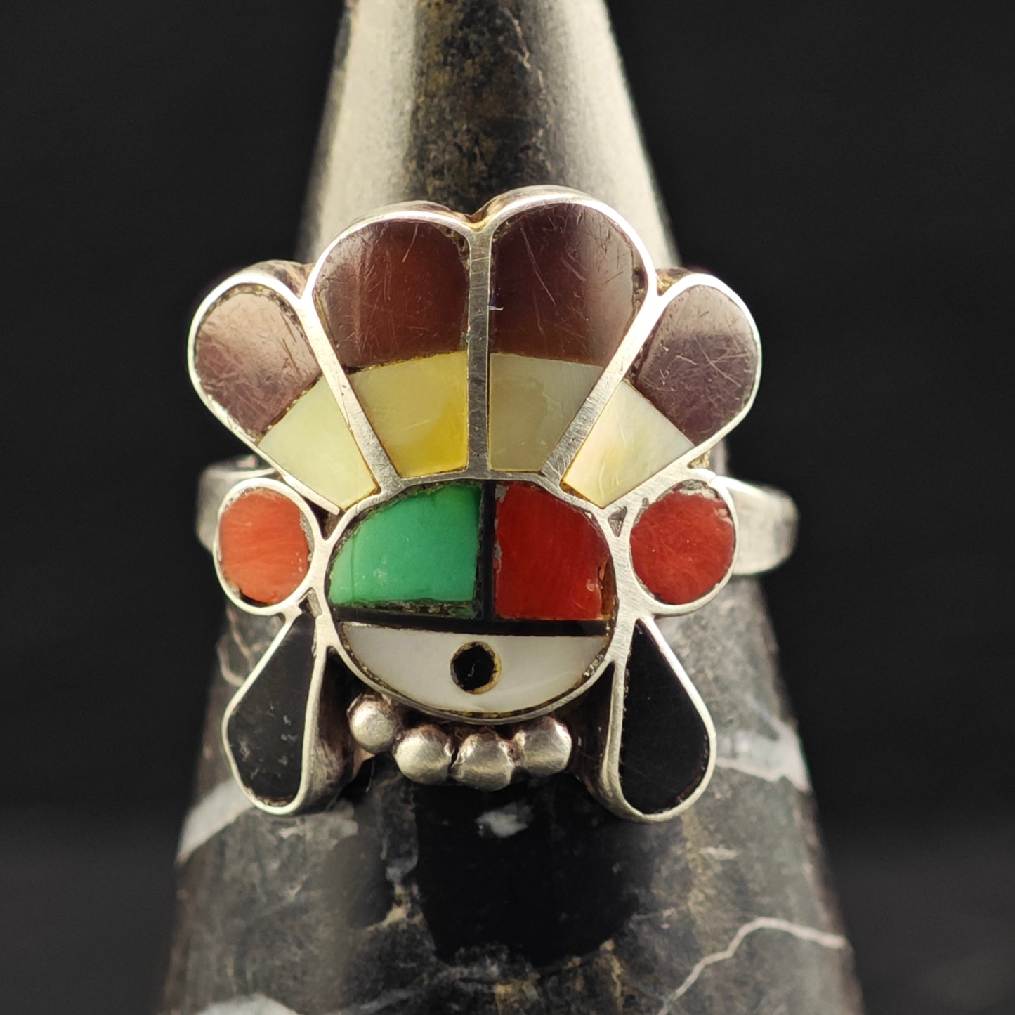 Signed Zuni Sunface Inlay Ring Sterling Silver Sz 7 R6455