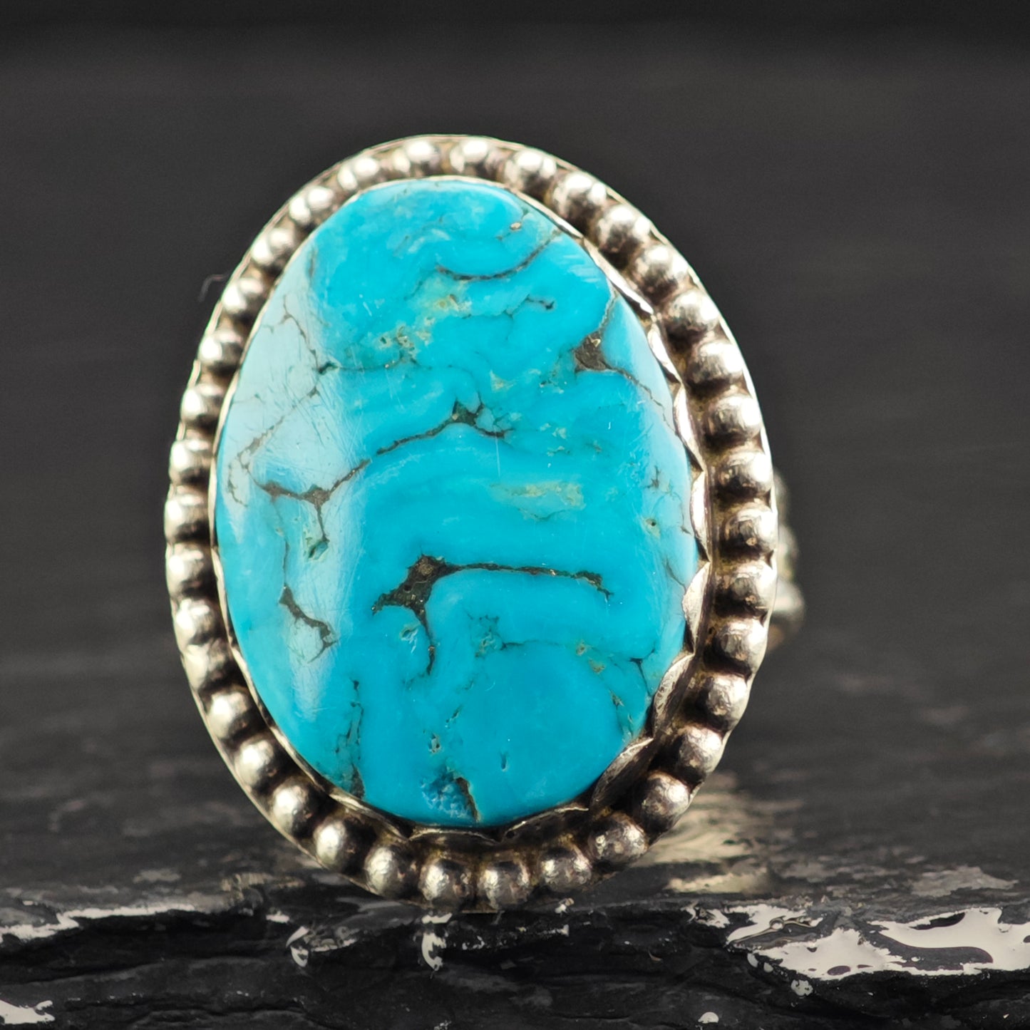 Native American Ceremonial Turquoise Ring Sterling Silver Sz 6 1/2 R6457