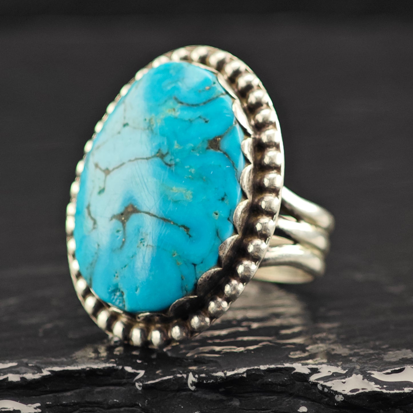 Native American Ceremonial Turquoise Ring Sterling Silver Sz 6 1/2 R6457
