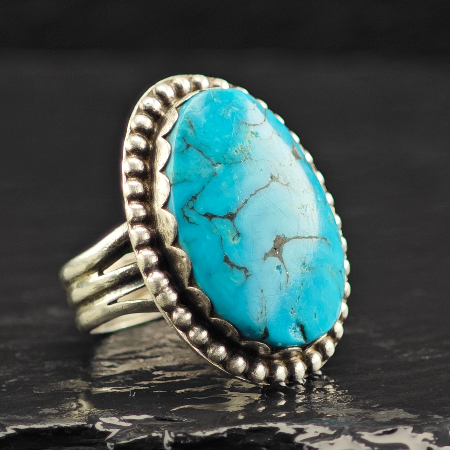 Native American Ceremonial Turquoise Ring Sterling Silver Sz 6 1/2 R6457