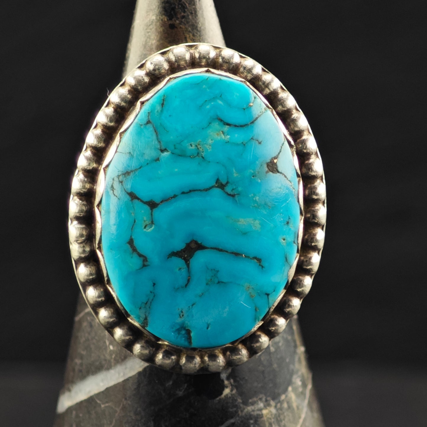 Native American Ceremonial Turquoise Ring Sterling Silver Sz 6 1/2 R6457