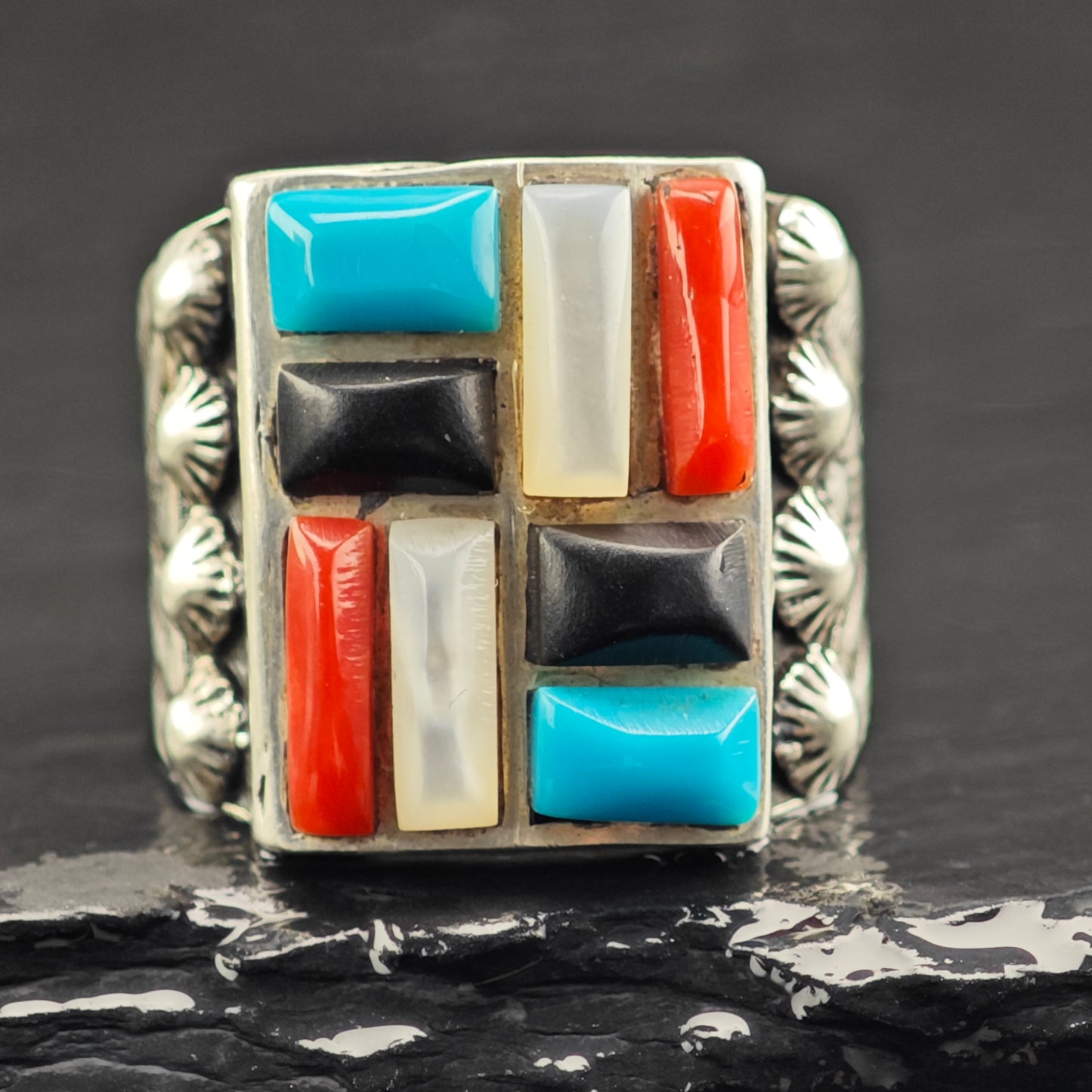 Cobblestone Inlay Ring Sterling Silver Sz 10 R6458