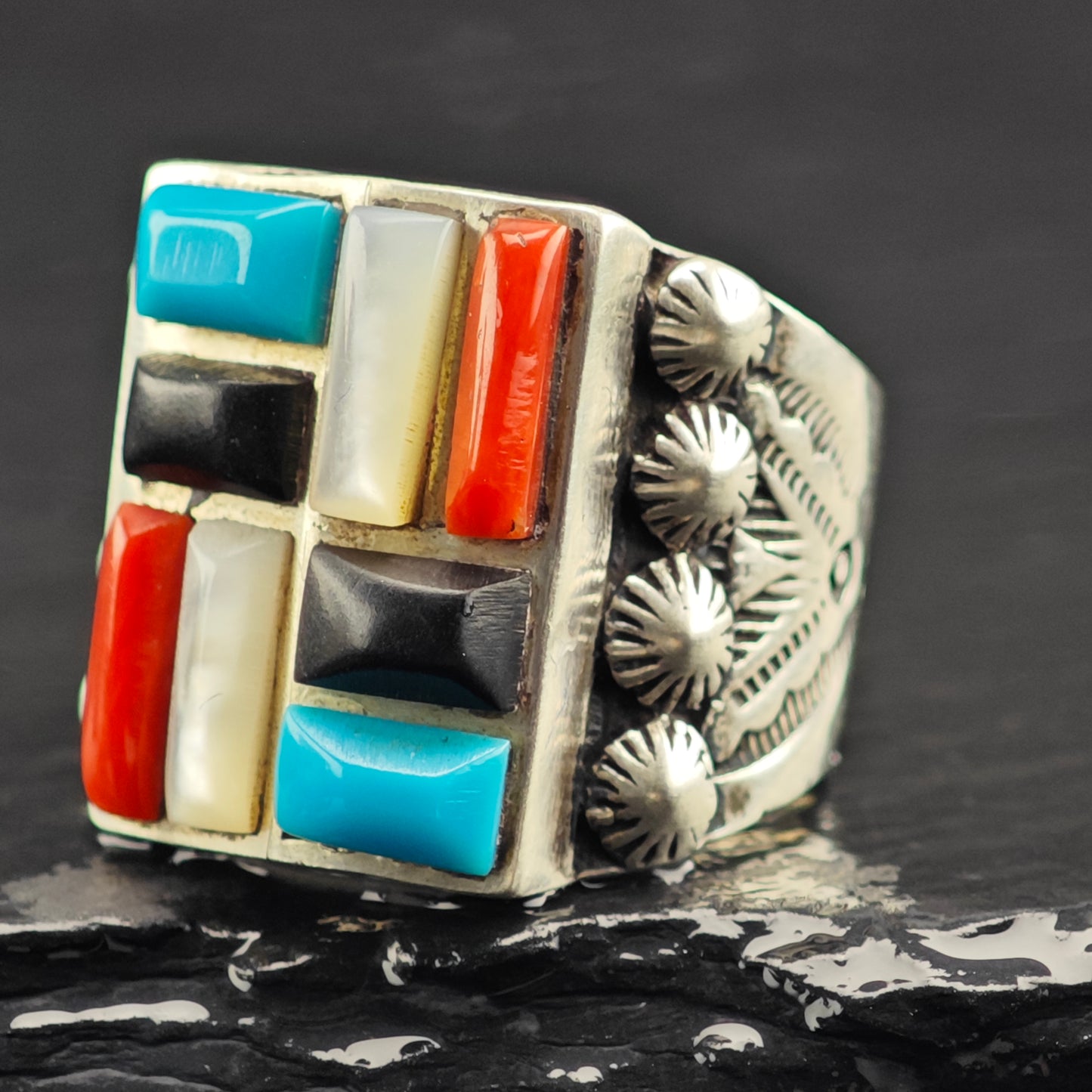 Cobblestone Inlay Ring Sterling Silver Sz 10 R6458