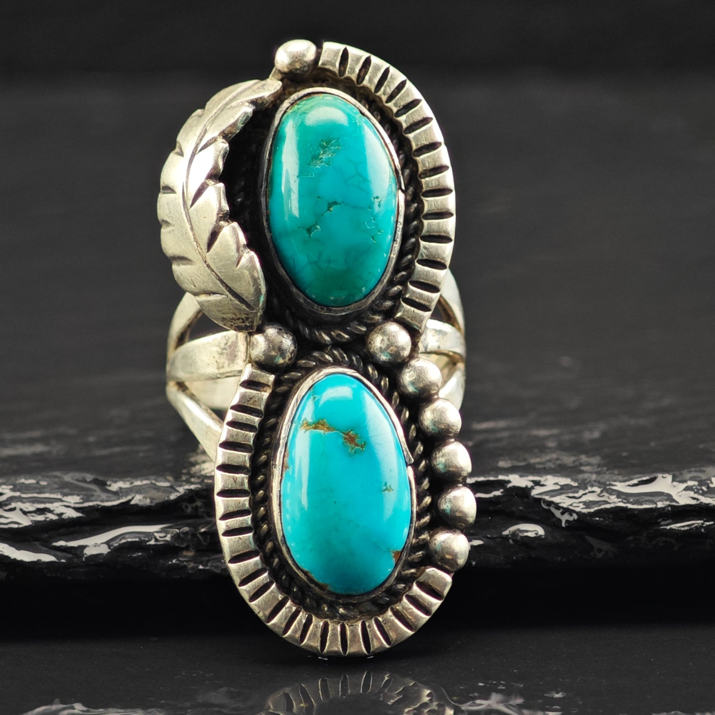 Native American Double Turquoise Ring Sterling Silver Sz 7 R6460