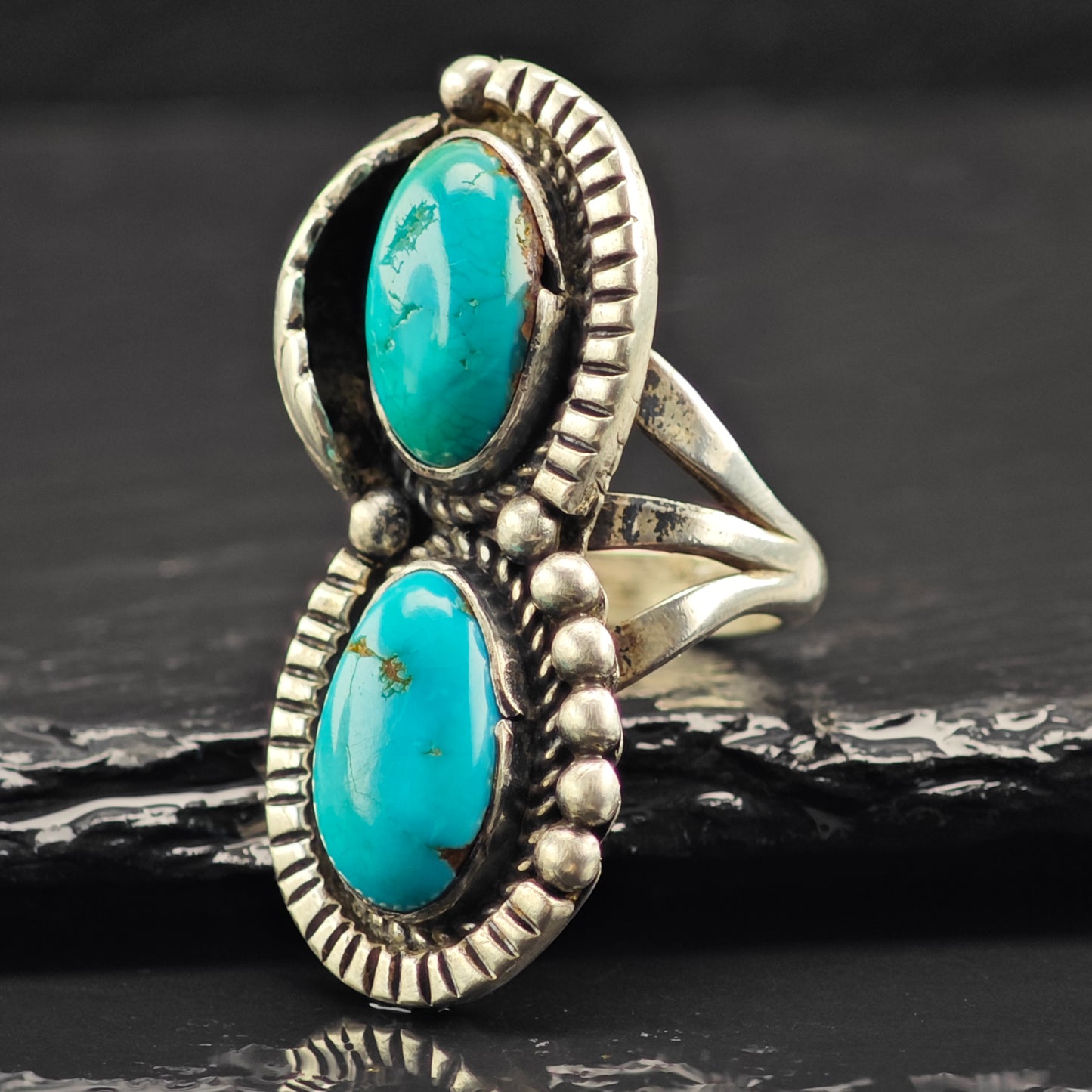 Native American Double Turquoise Ring Sterling Silver Sz 7 R6460