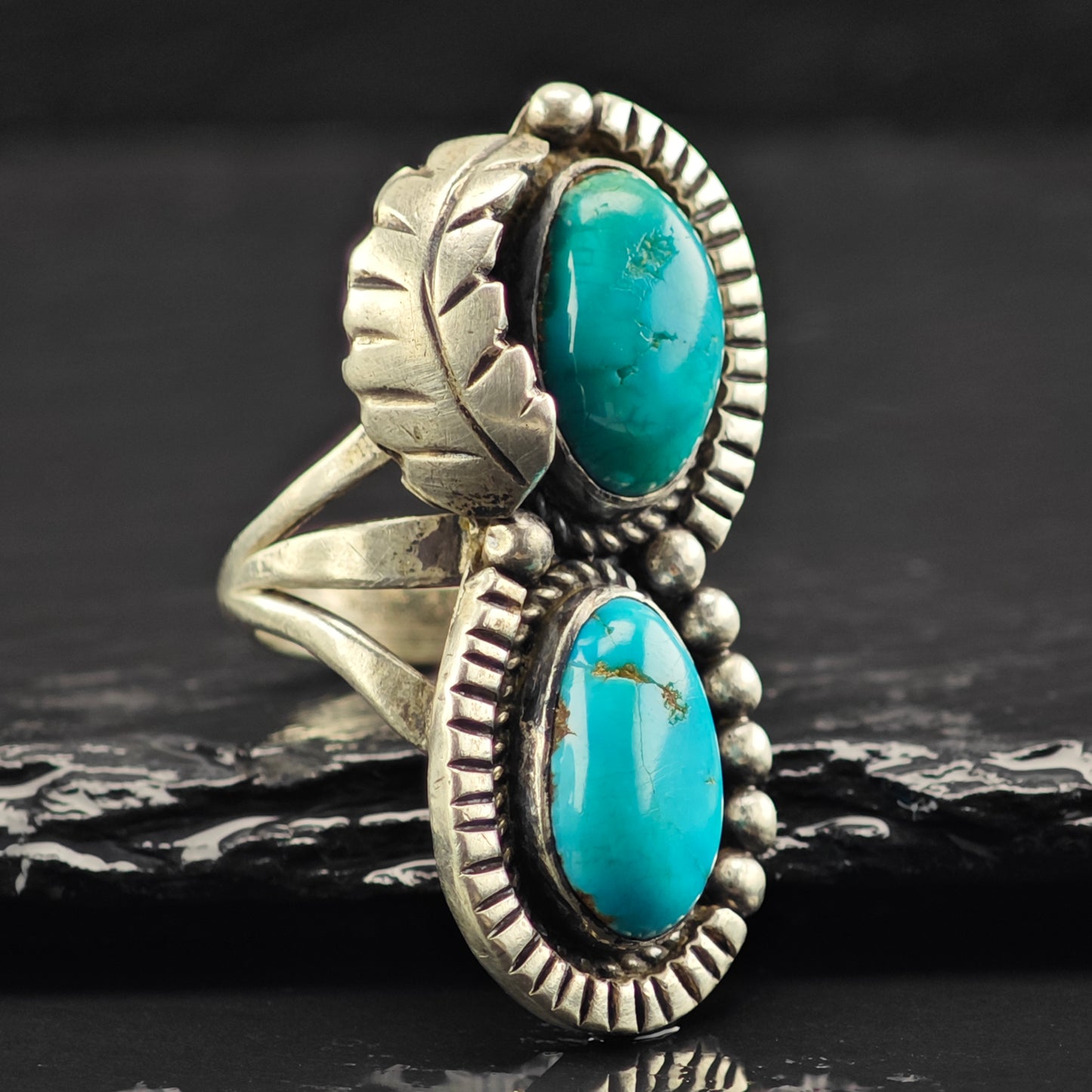 Native American Double Turquoise Ring Sterling Silver Sz 7 R6460