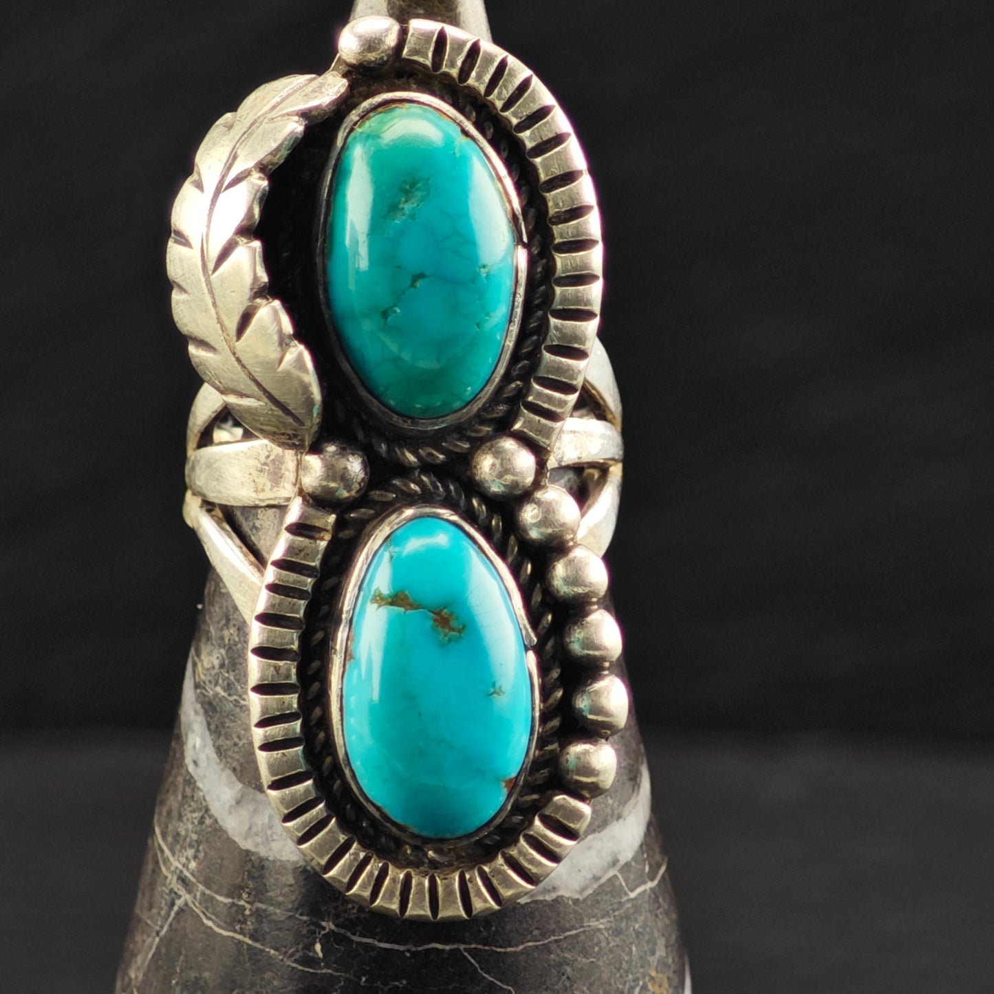 Native American Double Turquoise Ring Sterling Silver Sz 7 R6460