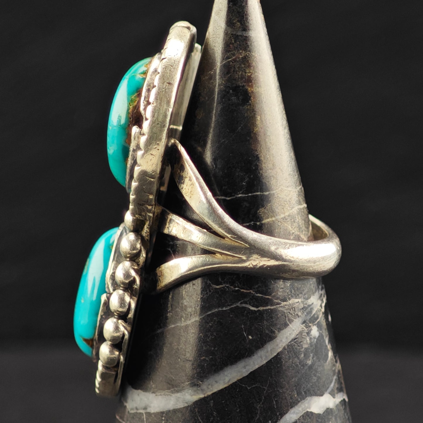 Native American Double Turquoise Ring Sterling Silver Sz 7 R6460