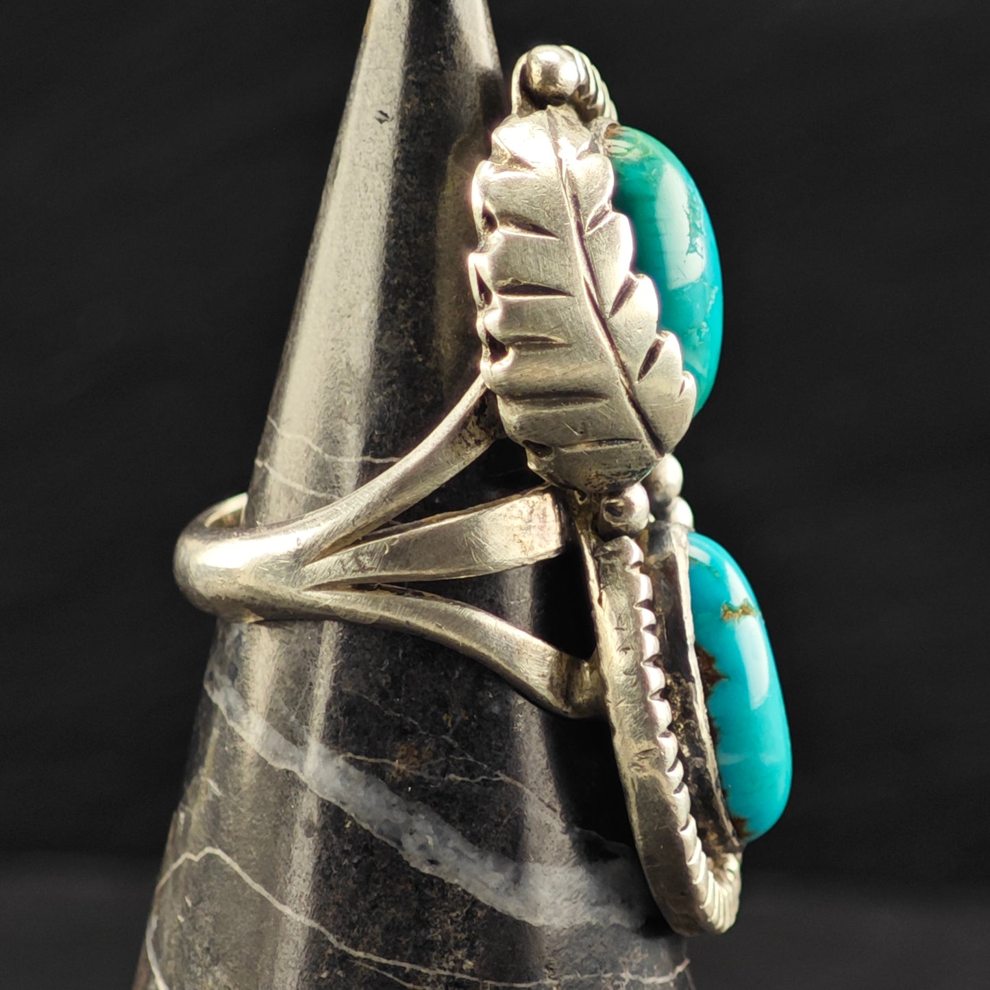 Native American Double Turquoise Ring Sterling Silver Sz 7 R6460