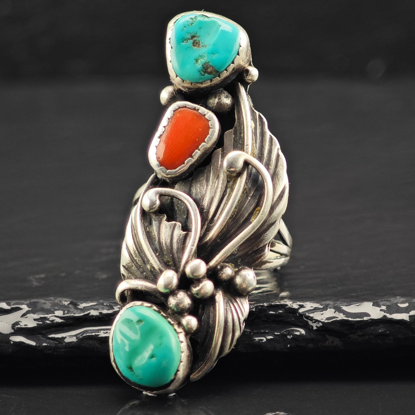 Native American Turquoise Coral Leaf Ring Sterling Silver Sz 9 R6462