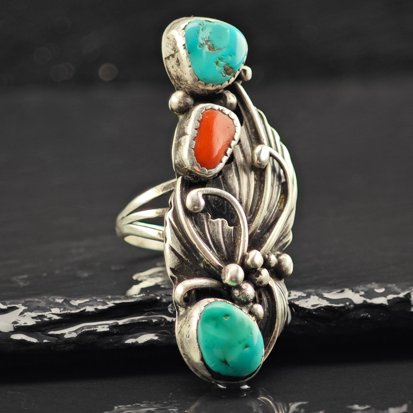 Native American Turquoise Coral Leaf Ring Sterling Silver Sz 9 R6462