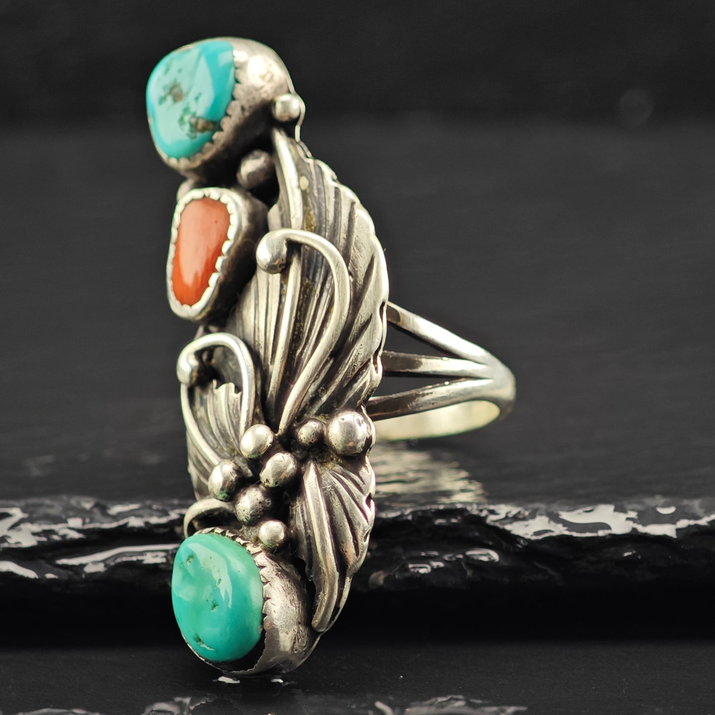 Native American Turquoise Coral Leaf Ring Sterling Silver Sz 9 R6462