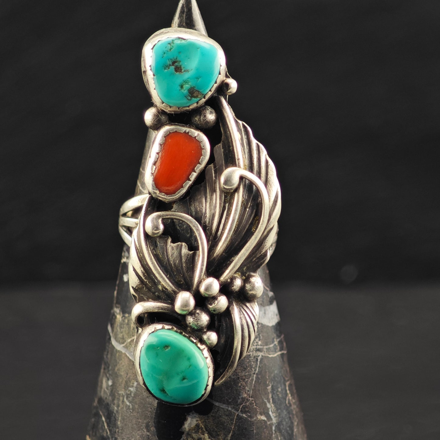Native American Turquoise Coral Leaf Ring Sterling Silver Sz 9 R6462
