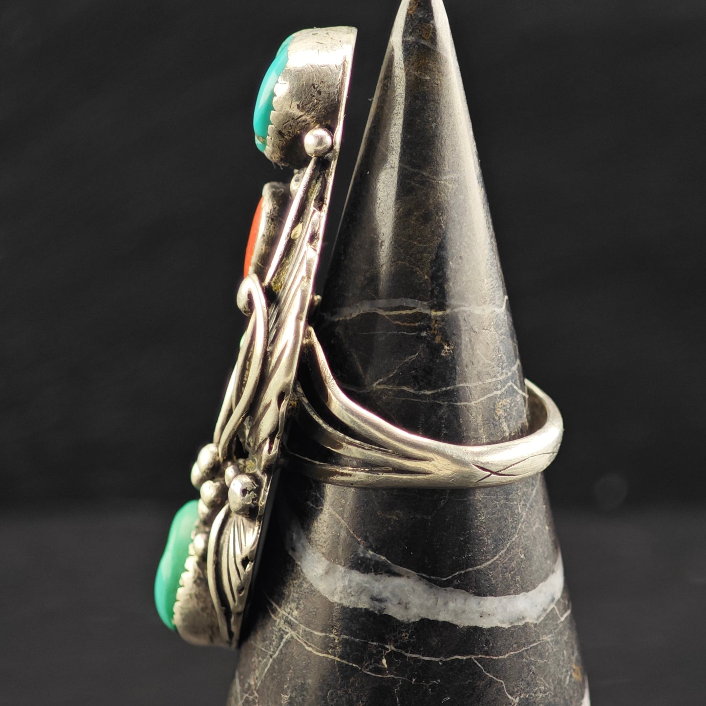 Native American Turquoise Coral Leaf Ring Sterling Silver Sz 9 R6462