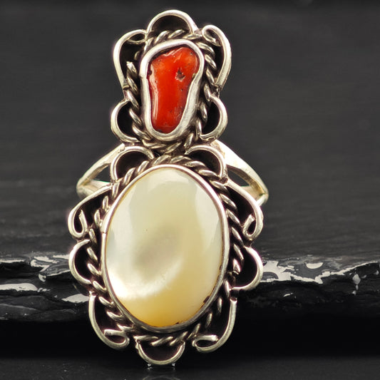 Sw Mother of Pearl Coral Shadowbox Ring Sterling Silver Sz 7 R6463