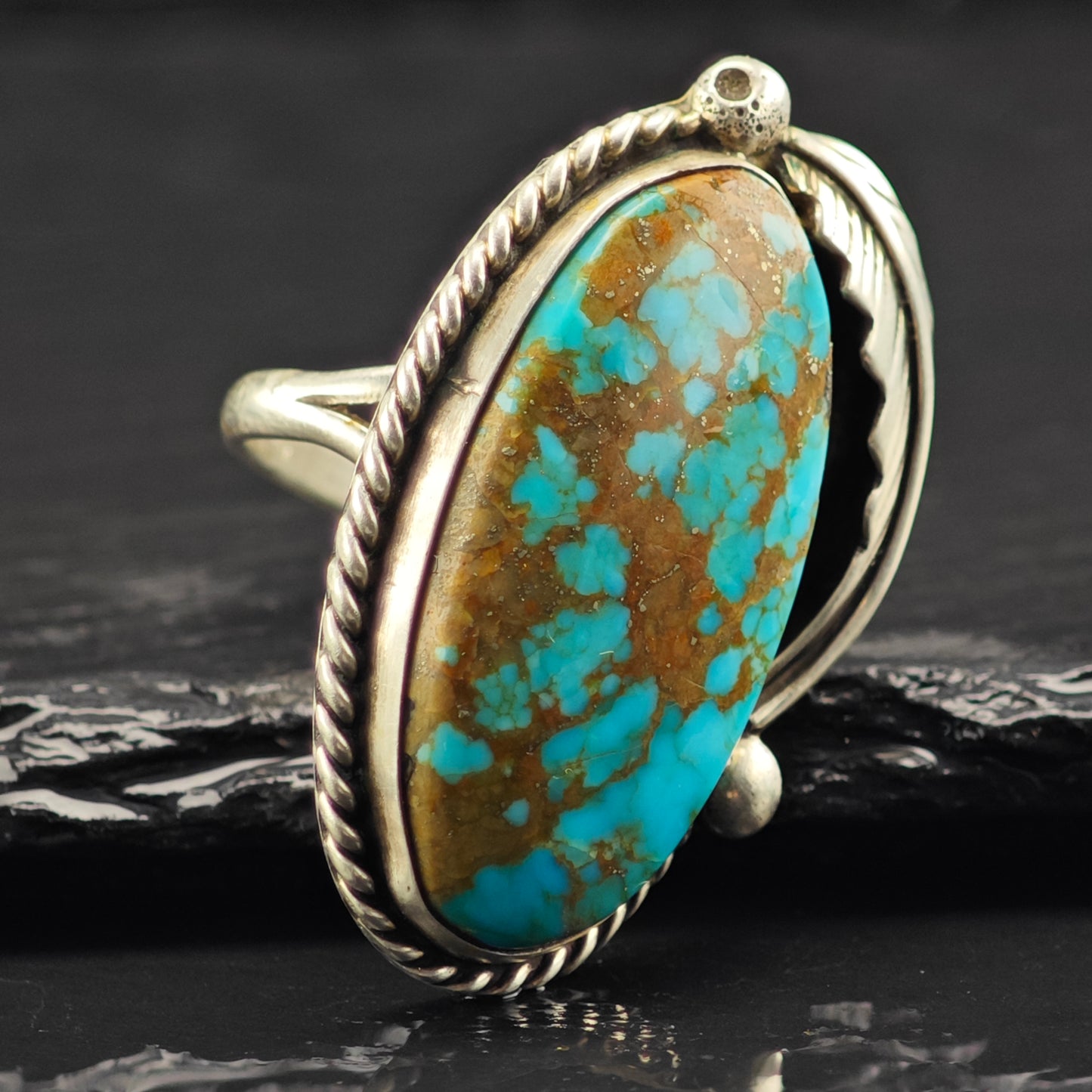 Large Native American Spiderweb Turquoise Ring Sterling Silver Sz 8 R6464