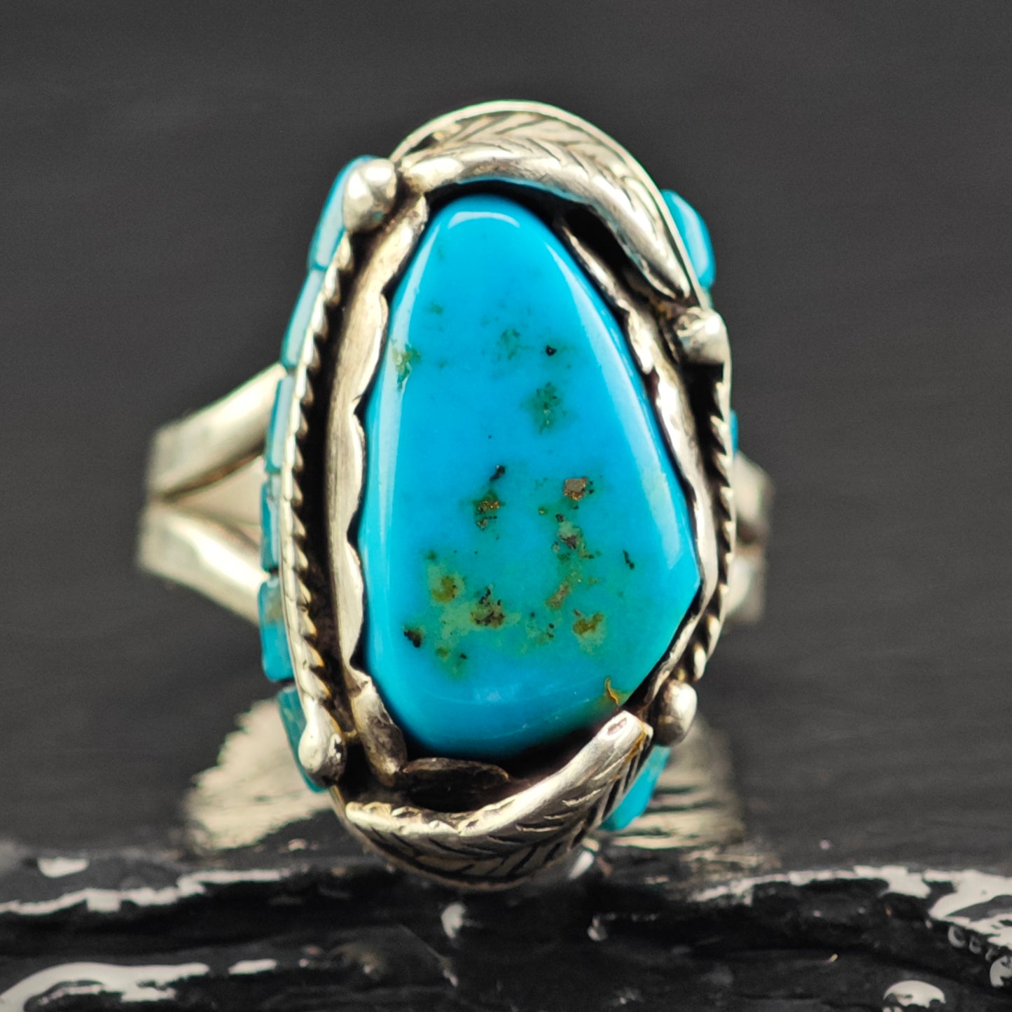 Les Baker Turquoise w Inlay Ring Sterling Silver Sz 7 1/2 R6466