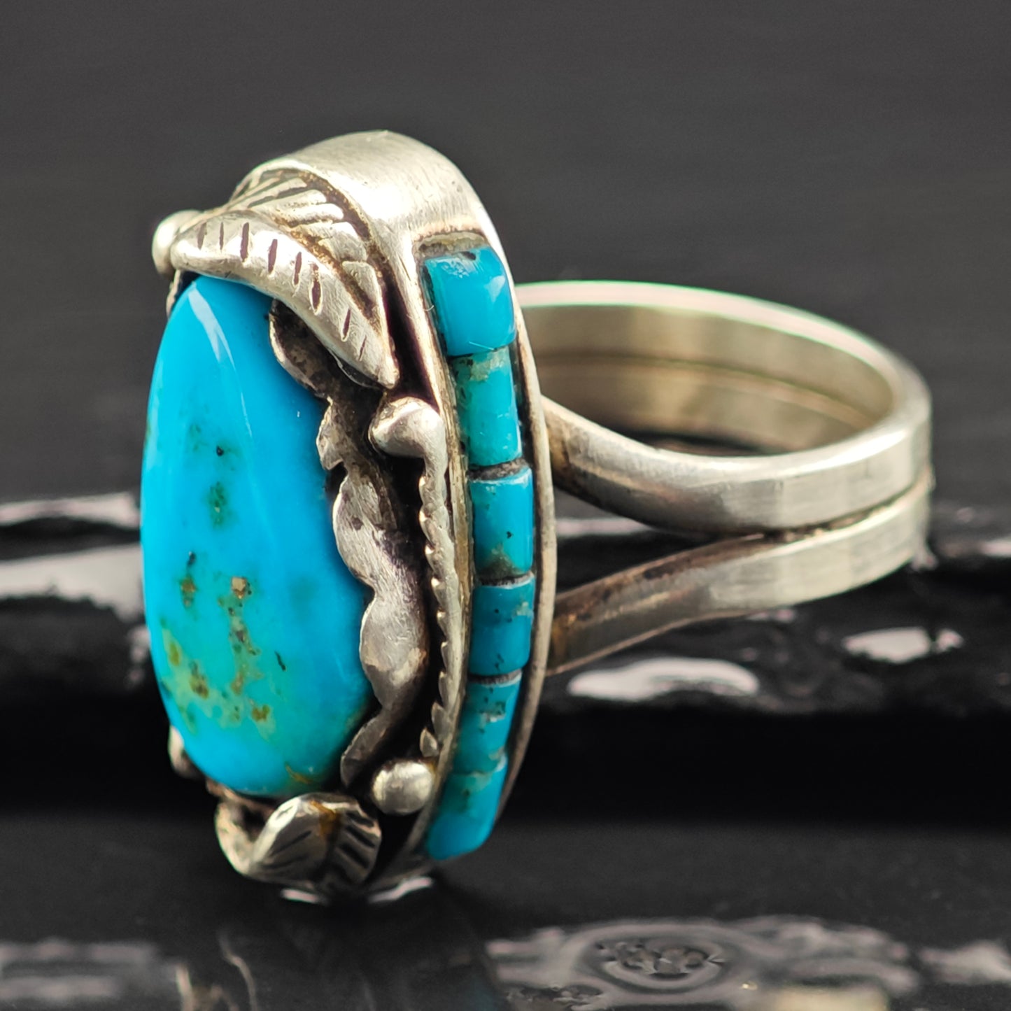 Les Baker Turquoise w Inlay Ring Sterling Silver Sz 7 1/2 R6466