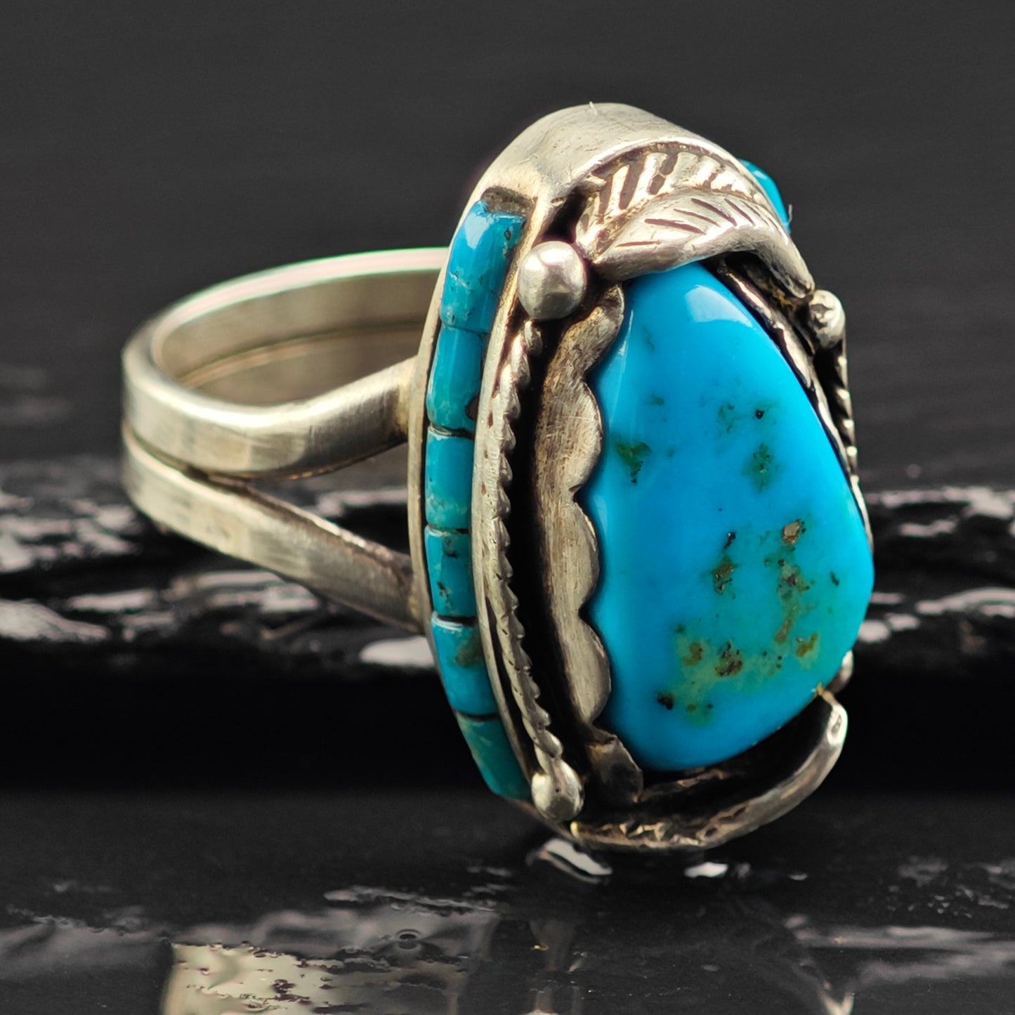 Les Baker Turquoise w Inlay Ring Sterling Silver Sz 7 1/2 R6466