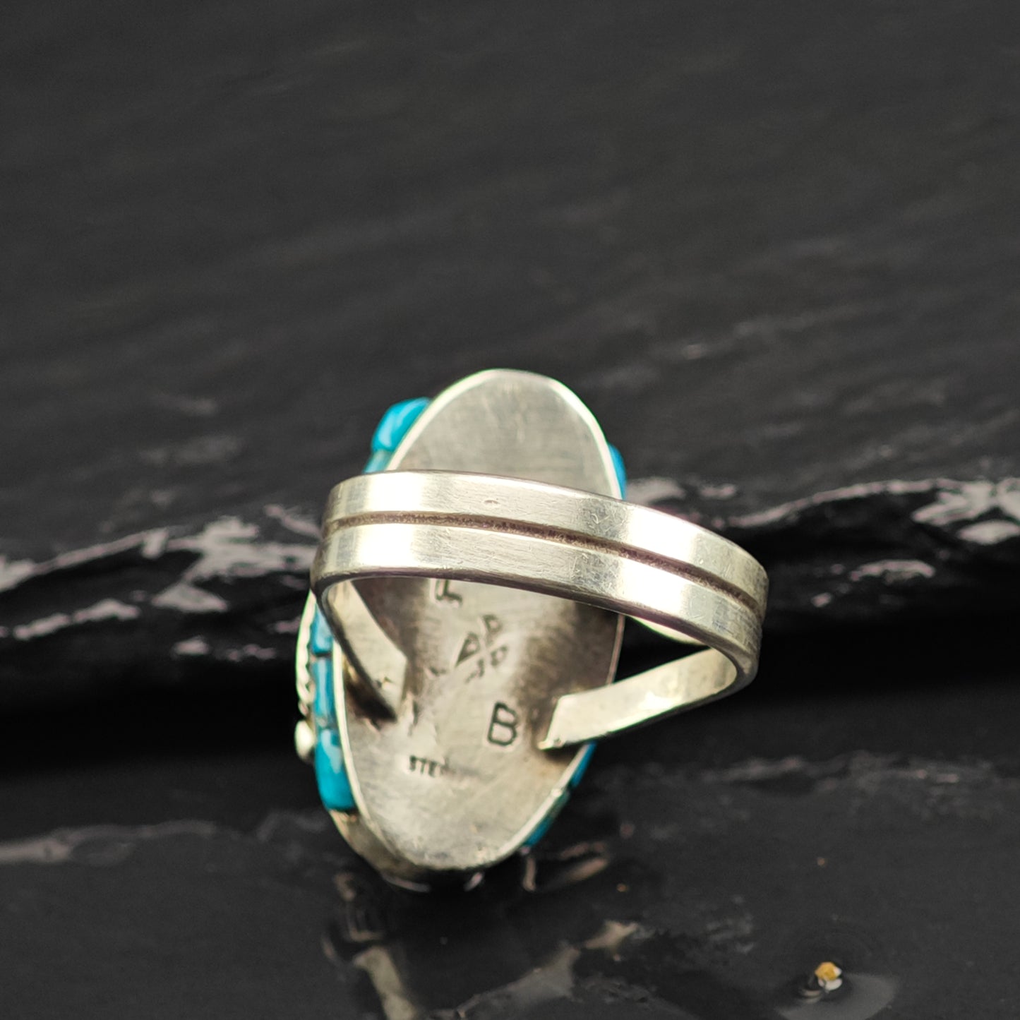 Les Baker Turquoise w Inlay Ring Sterling Silver Sz 7 1/2 R6466