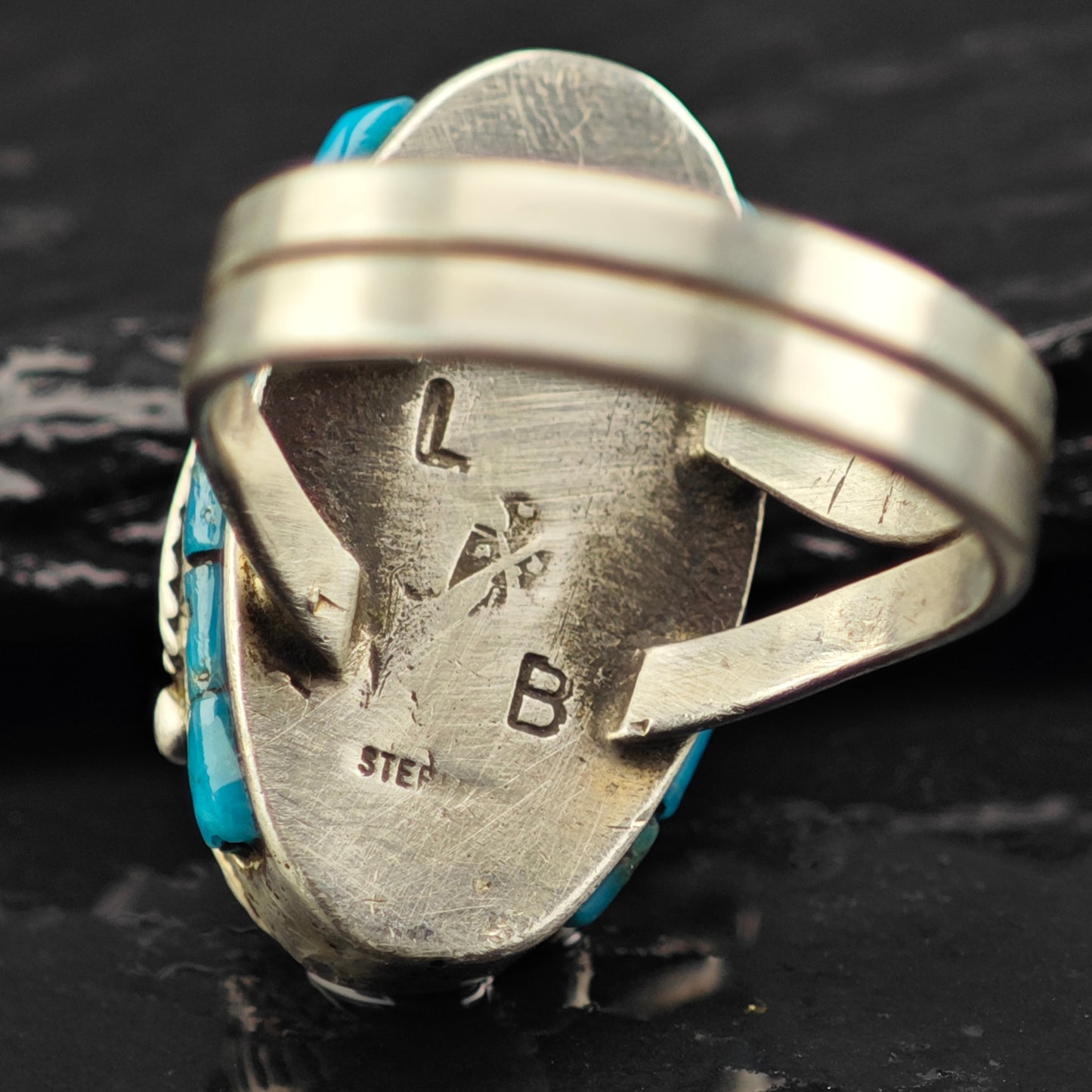 Les Baker Turquoise w Inlay Ring Sterling Silver Sz 7 1/2 R6466