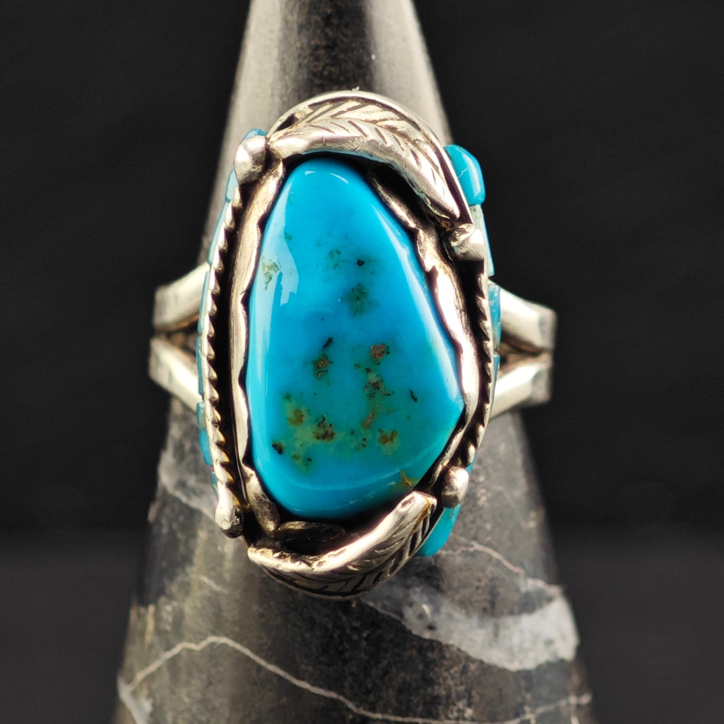 Les Baker Turquoise w Inlay Ring Sterling Silver Sz 7 1/2 R6466
