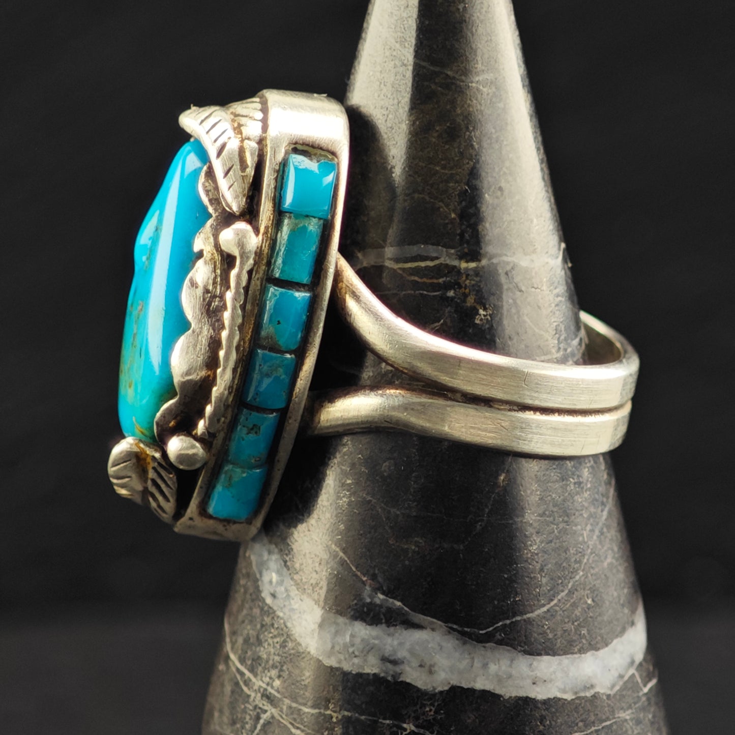 Les Baker Turquoise w Inlay Ring Sterling Silver Sz 7 1/2 R6466