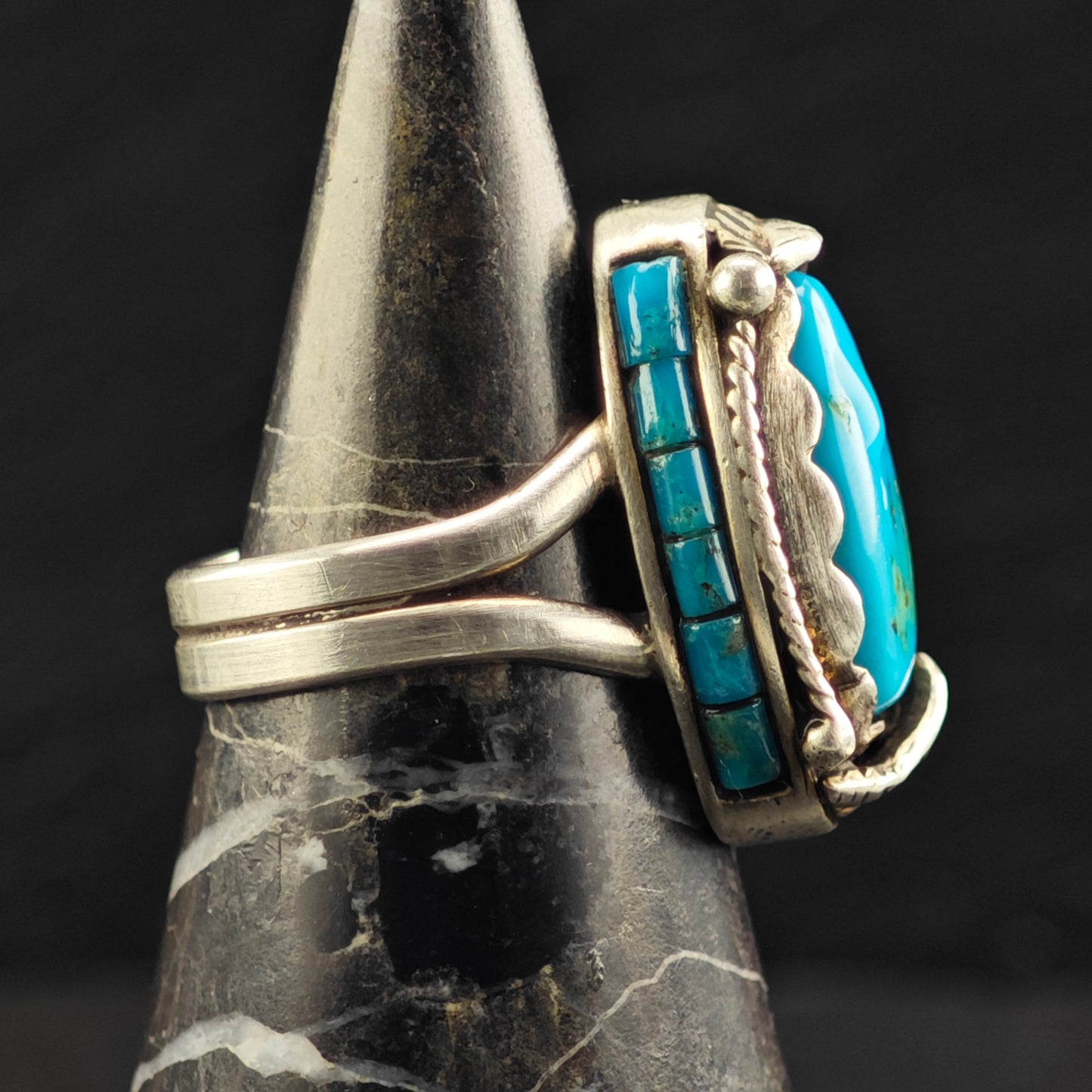 Les Baker Turquoise w Inlay Ring Sterling Silver Sz 7 1/2 R6466