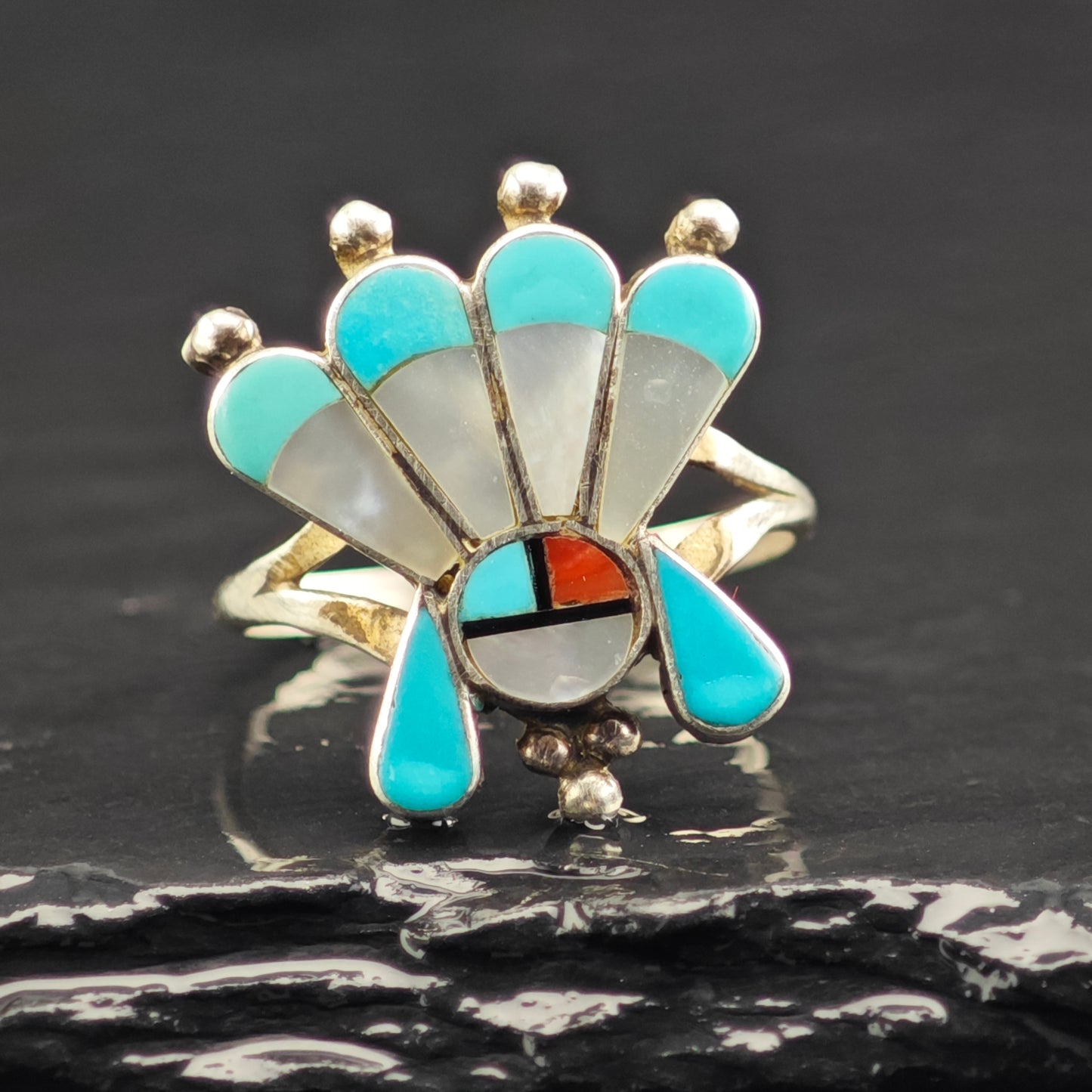Zuni Sunface Inlay Ring Sterling Silver Sz 7 1/4 R6468
