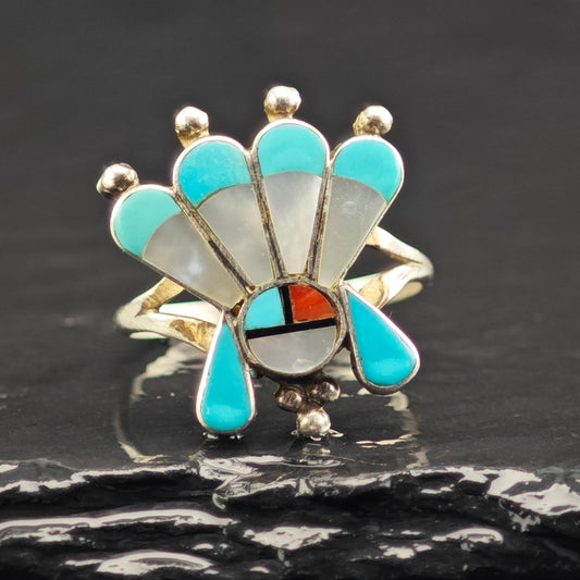 Zuni Sunface Inlay Ring Sterling Silver Sz 7 1/4 R6468